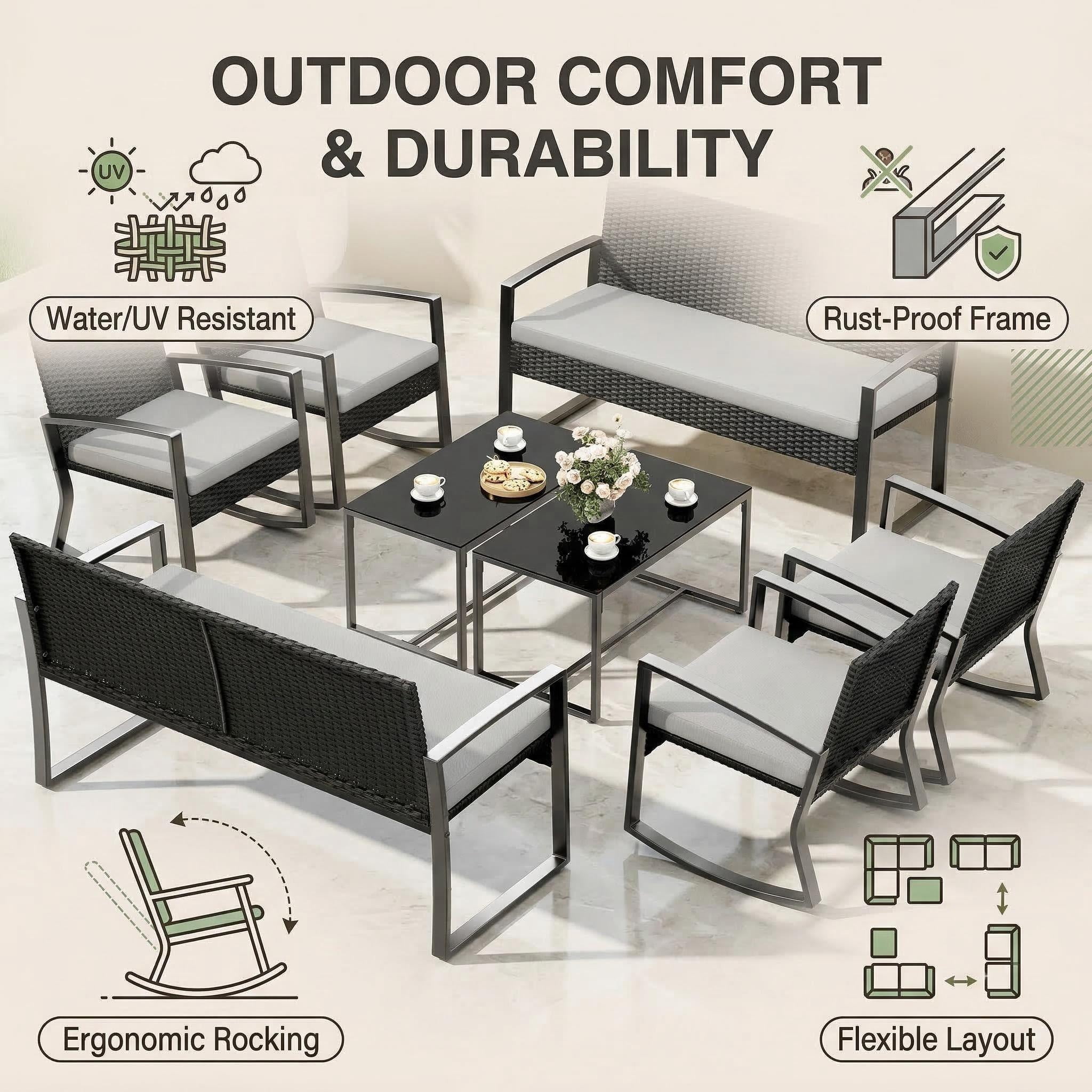 Lofka 8-Piece Outdoor Patio Furniture Set, All-Weather Wicker Rocking Chairs with Glass Coffee Tables (Gray, 8-Piece Set) sqtb1