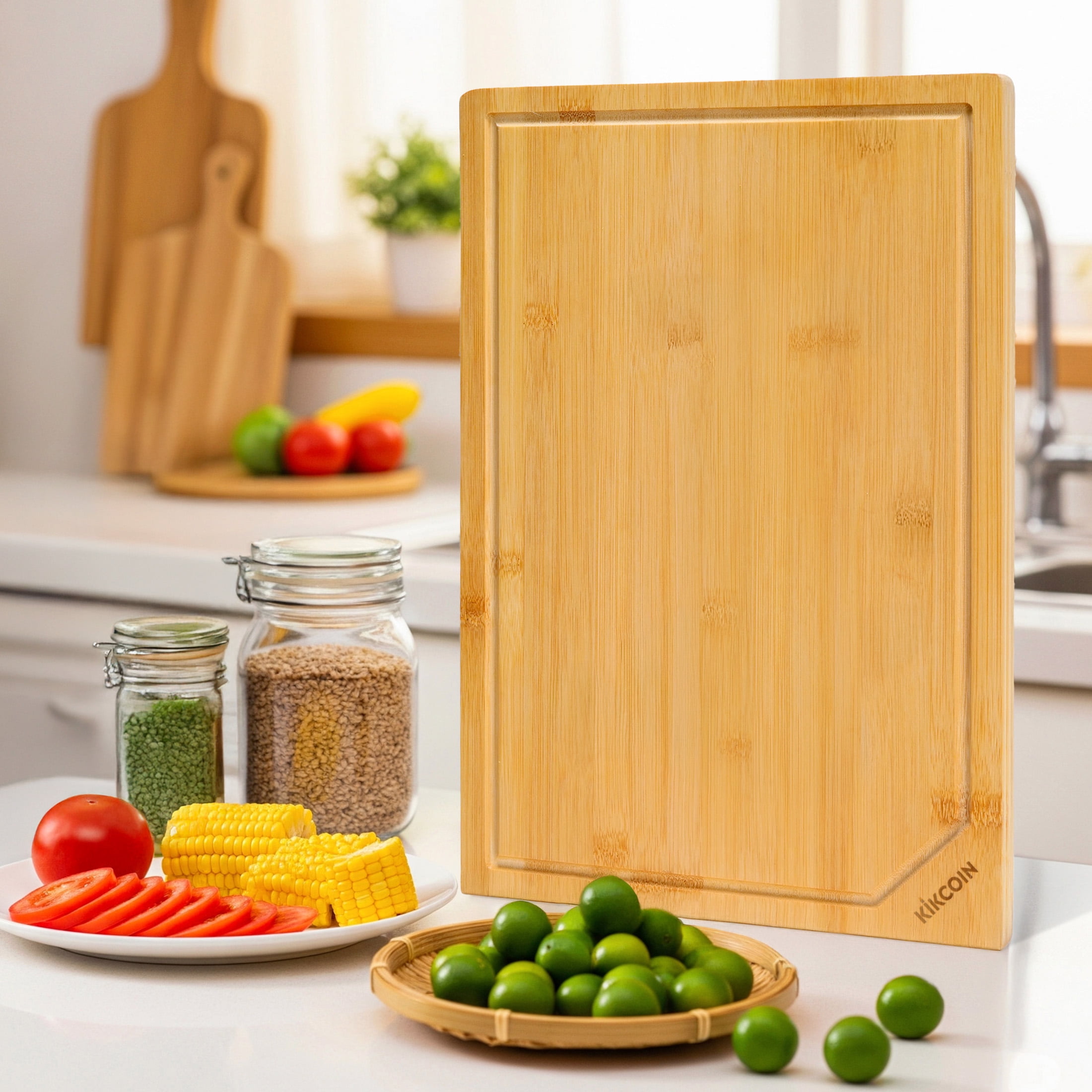 Kikcoin Bamboo Cutting Board for Kitchen, Reversible with Deep Juice Groove and Built-in Handle (17.1 in x 11.4 in) m0vsr