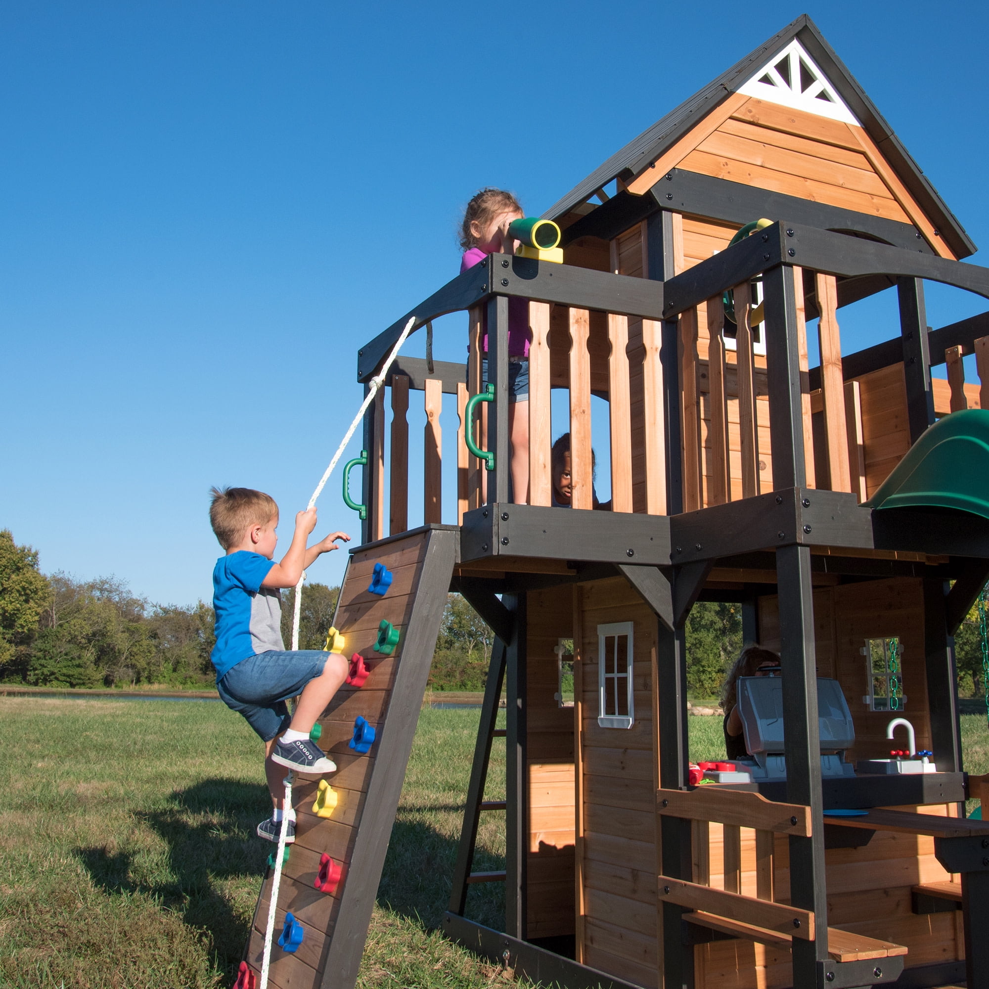 Backyard Discovery Canyon Creek Cedar Wood Swing Set with Slide, Clubhouse, and Rock Wall (Brown, 11-Child Capacity) 0hwjp