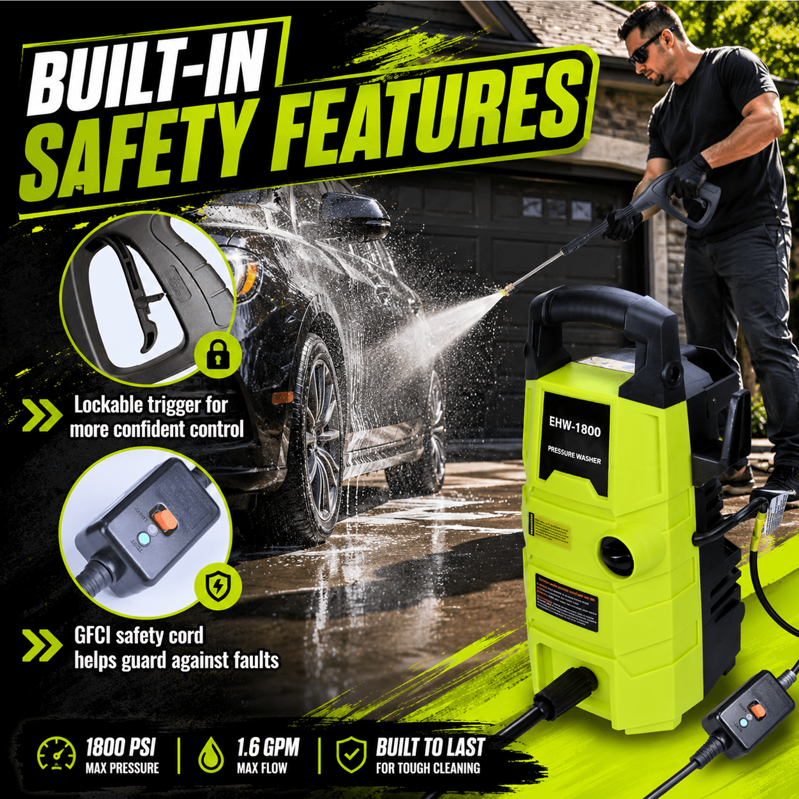 Sunorchid 1800 PSI 1.6 GPM Electric Pressure Washer (Compact Power Washer Kit for Cars, Driveways, and Patios, 20 ft Hose) 2b6nb