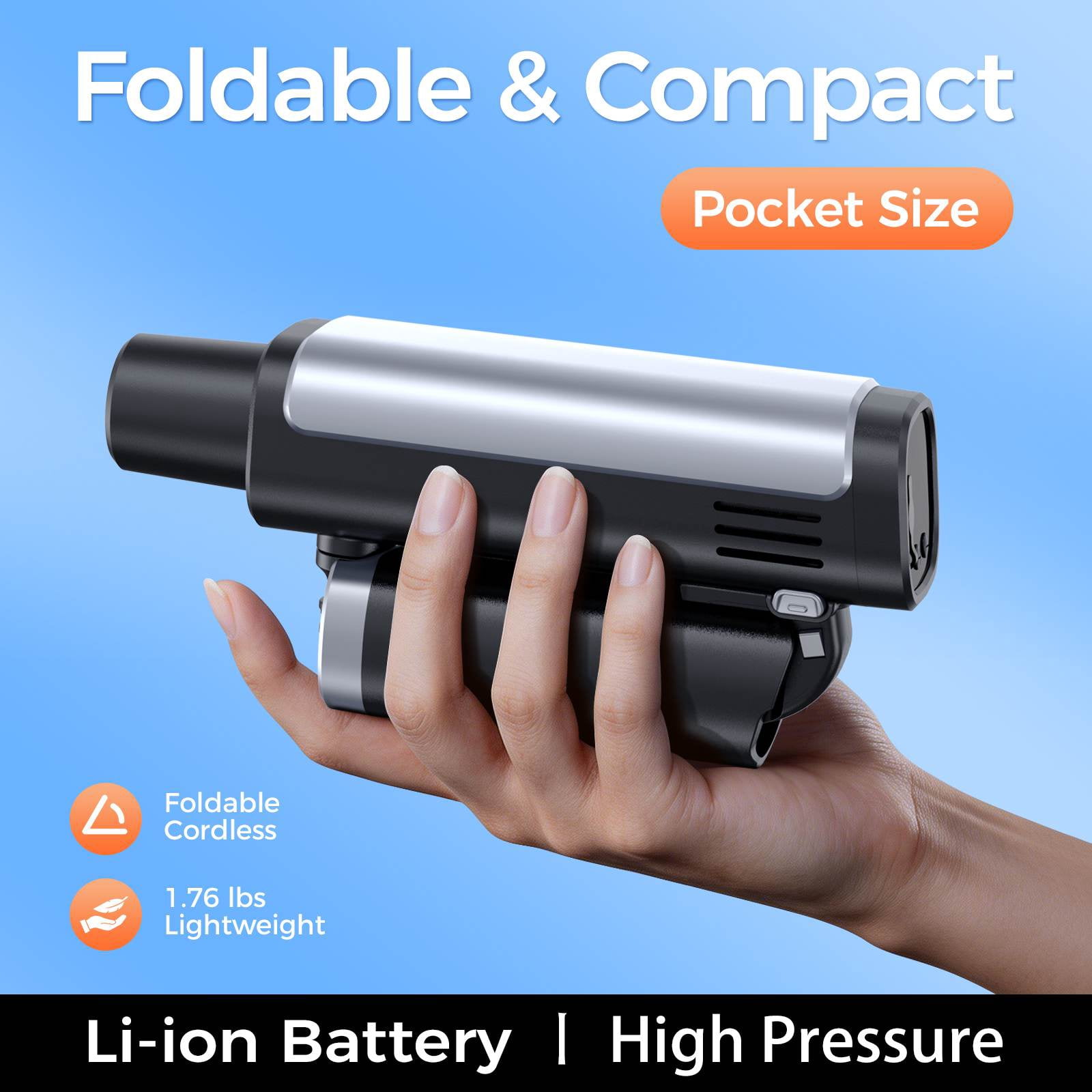 ManTong Foldable Cordless Pressure Washer, Portable Battery Power Cleaner with 5-in-1 Nozzle & LCD Display (Black, 1 Unit) 9scmd