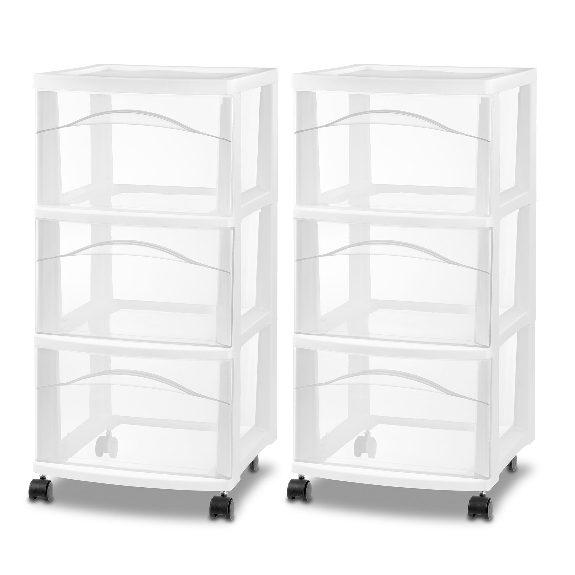 Sterilite 3 Drawer Rolling Storage Cart, Plastic Home Organizer with Smooth-Glide Casters (White, 2 Pack, 14.625 in x 12.625 in x 24.5 in) wl53a