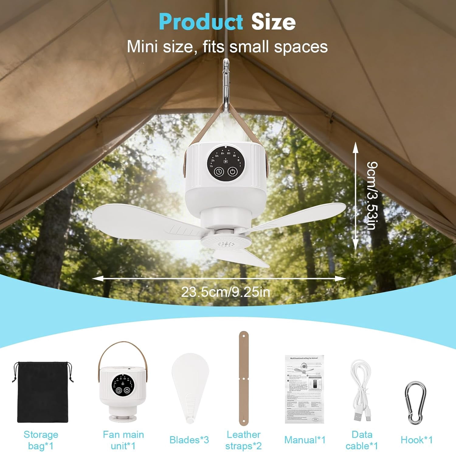 Generic Camping Ceiling Fan, Rechargeable Tent Fan with LED Light and Remote (9.25 x 9.25 x 3.27 in) v6h0r