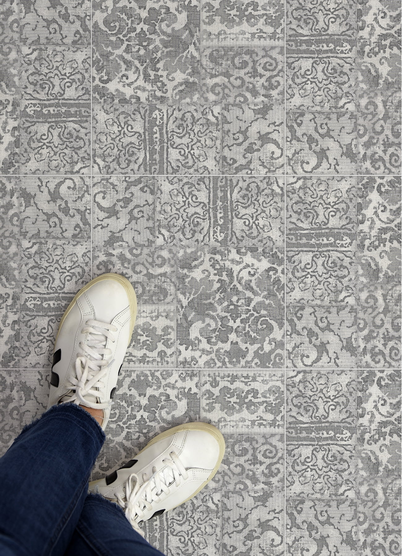 FloorPops Rahele Peel & Stick Floor Tiles, Antique Rug Inspired Vinyl Flooring (Grey, 10 Pack, 12 in x 12 in) 8zahs