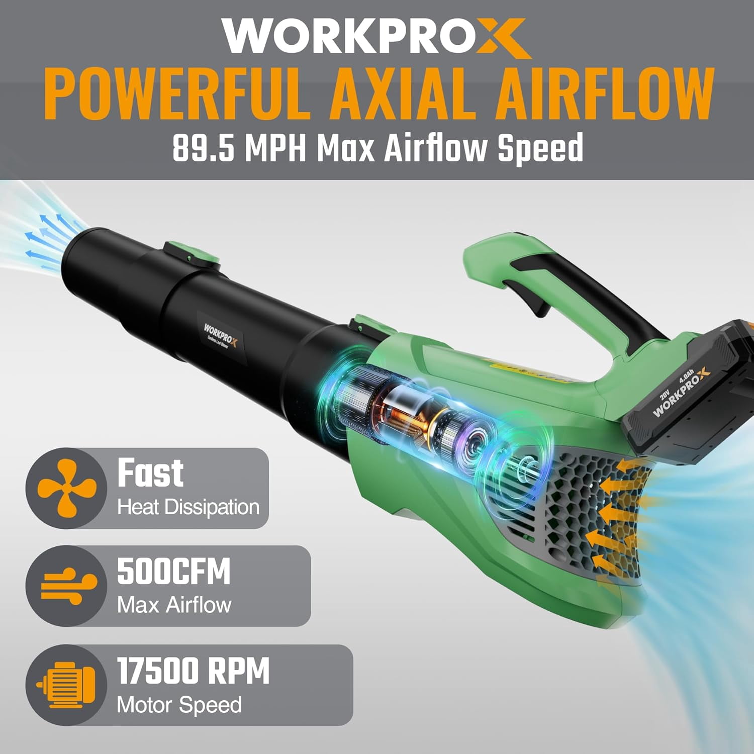WORKPROX Cordless Leaf Blower, 20V Electric Power Blower with 4.0Ah Battery, Variable Speed Control for Lawn and Patio Maintenance (6.5 lb) 1ogff