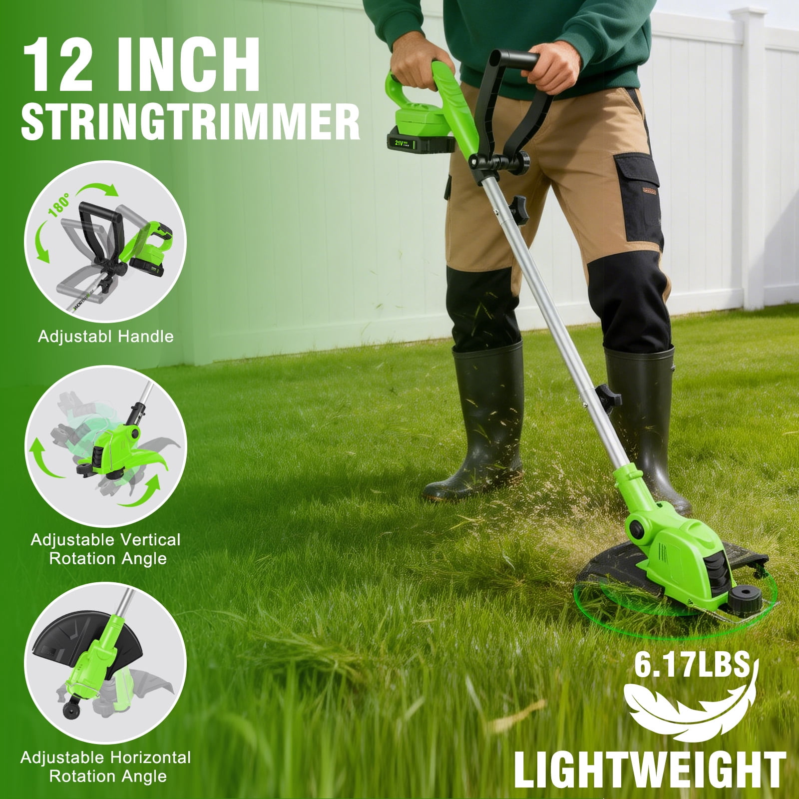 CATGOOD Cordless String Trimmer and Edger, 12 in Cutting Width, 2 Batteries and Fast Charger (Green) 6xmoa