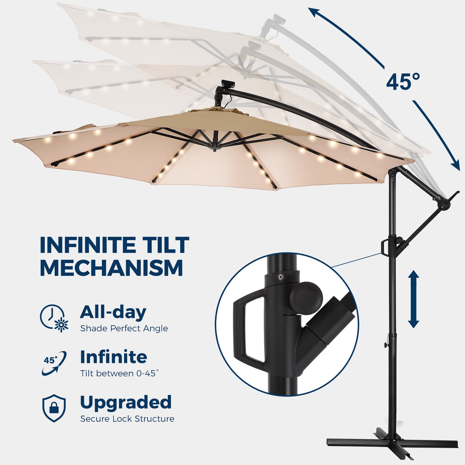 Patbrela 10ft Offset Patio Umbrella with Base, Cantilever Hanging Outdoor Shade with Solar LED Lights and Infinite Tilt (Beige, 10 ft) 99u9u