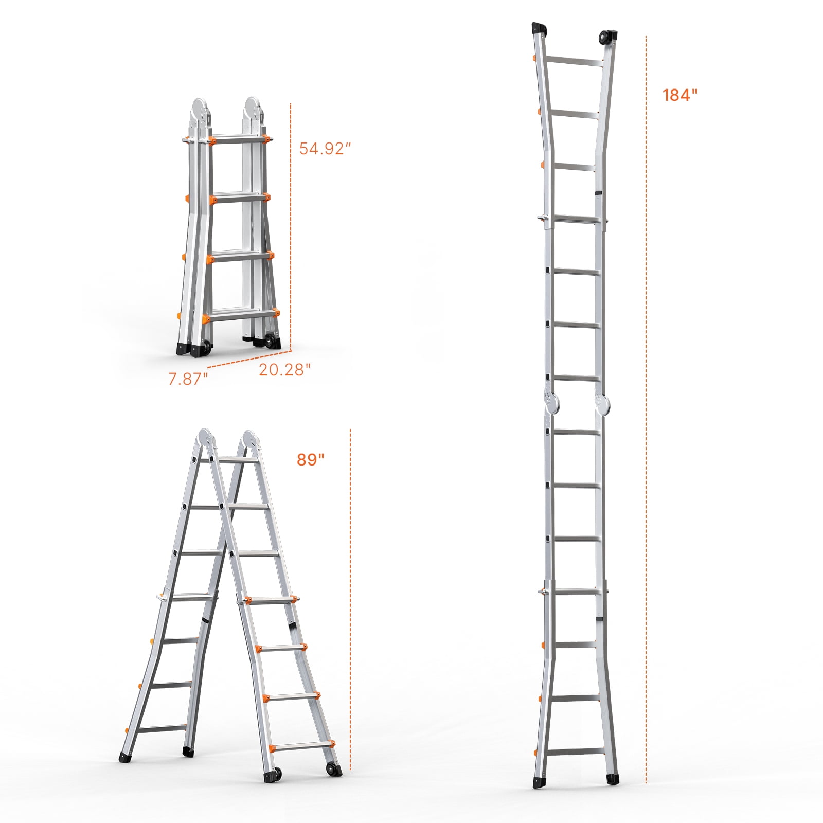 KFFKFF A-Frame Telescopic Extension Ladder, Multi-Purpose Aluminum Foldable Ladder for Home and RV (Silver, 15 ft) 2lz24