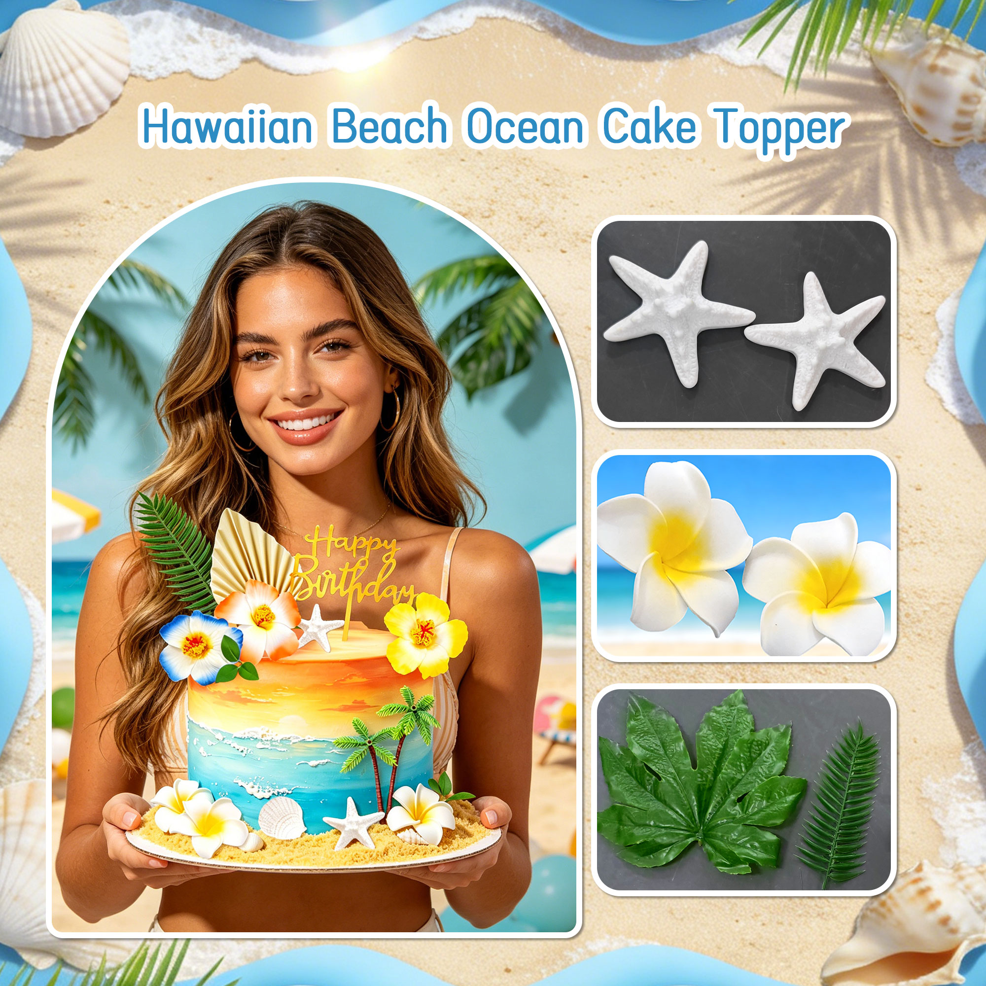 Roaring Good Time Hawaiian Beach Ocean Cake Topper Set (Tropical Party Decor, 16-Piece) h16uz