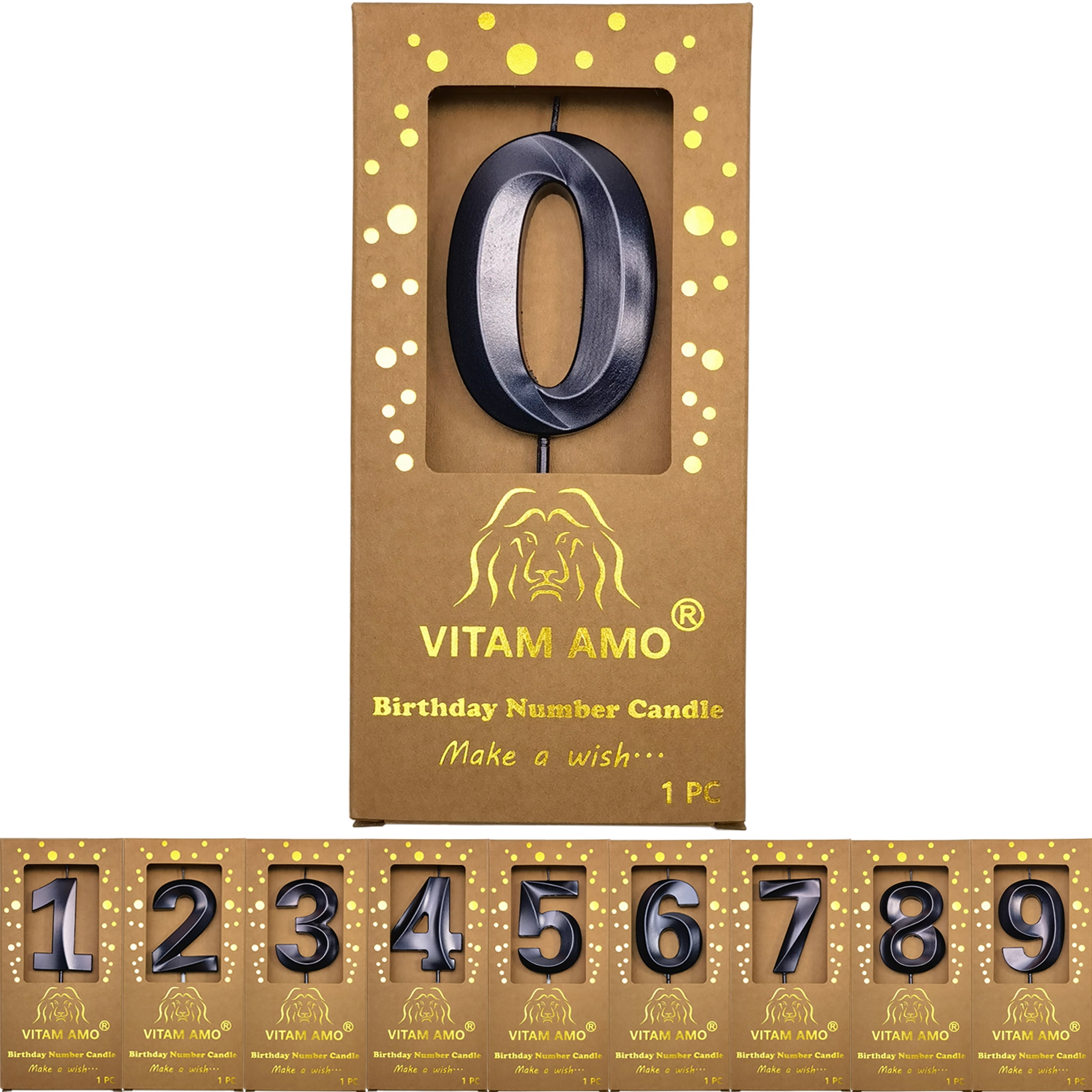 VITAM AMO Number 0 Birthday Cake Candle, 3D Metallic Black Decorative Party Topper (Large) h8r30