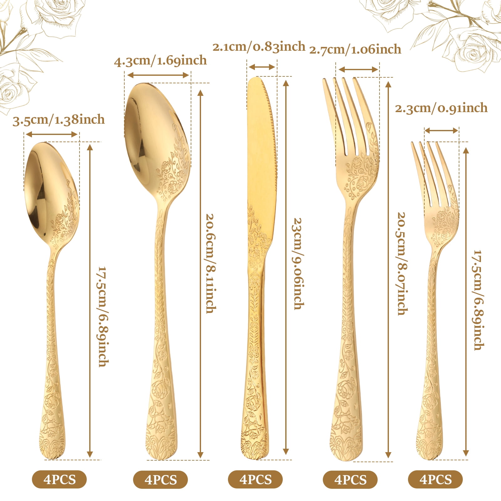Jetcloudlive 20-Piece Floral Stainless Steel Flatware Set, Vintage Mirror Polished Cutlery for 4 (Gold, 20-Piece) 7d3kh