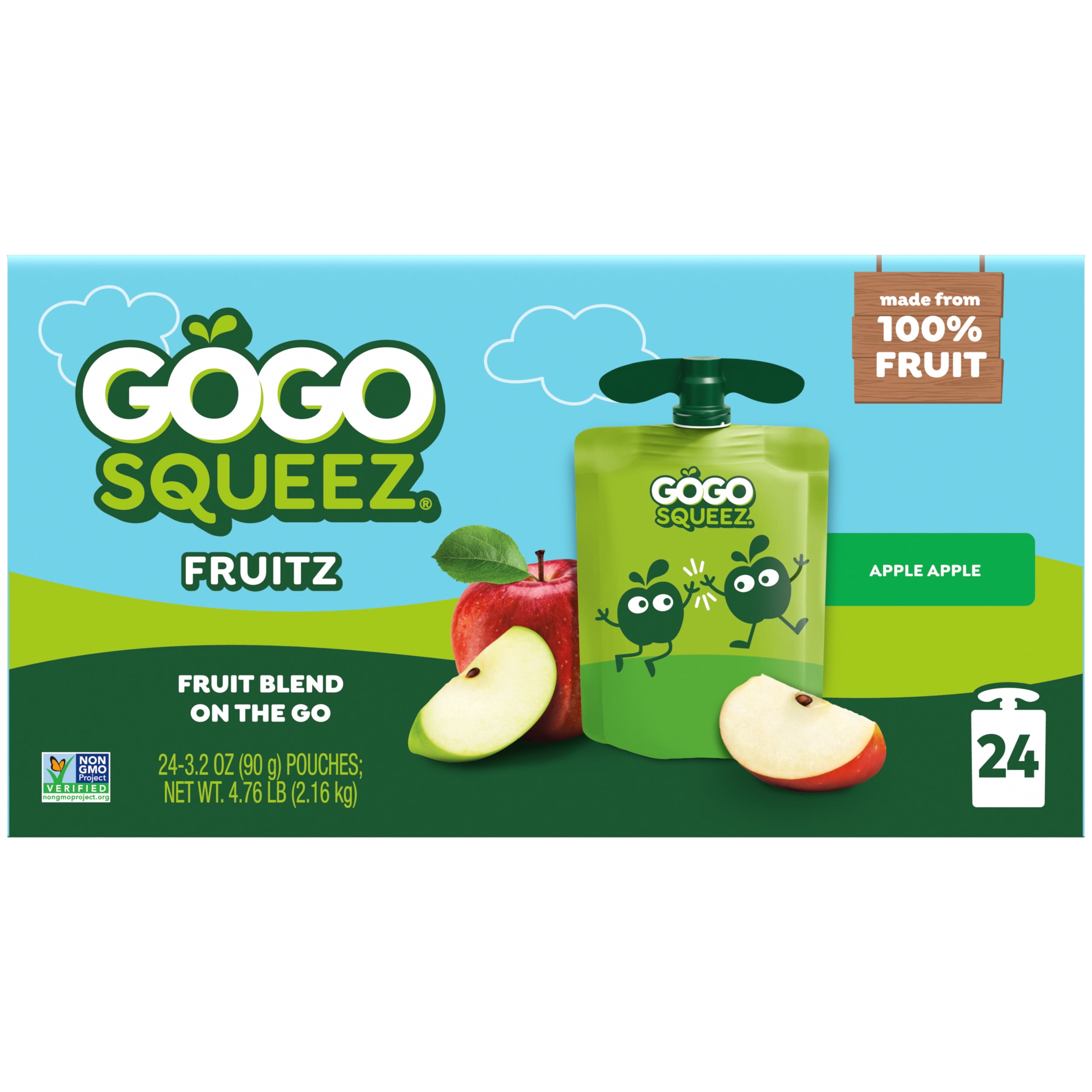 GoGo squeeZ Fruit Puree Applesauce Pouches, No Sugar Added, Apple Apple Flavor (3.2 oz, 24 Pack) m58y9