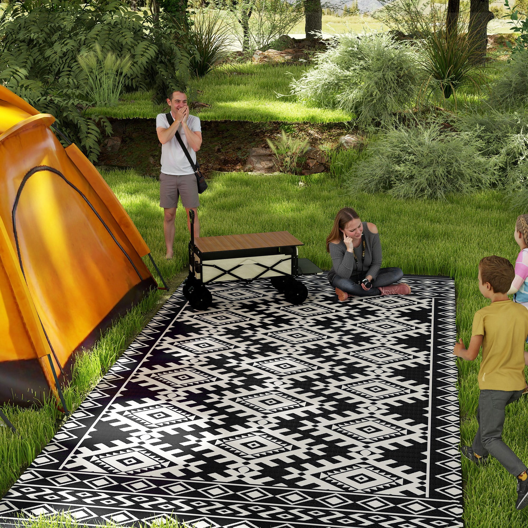 Outsunny Outdoor Patio Rug, Reversible Waterproof Camping Carpet for RV and Garden (Black & White, 9 ft x 18 ft) hr99e