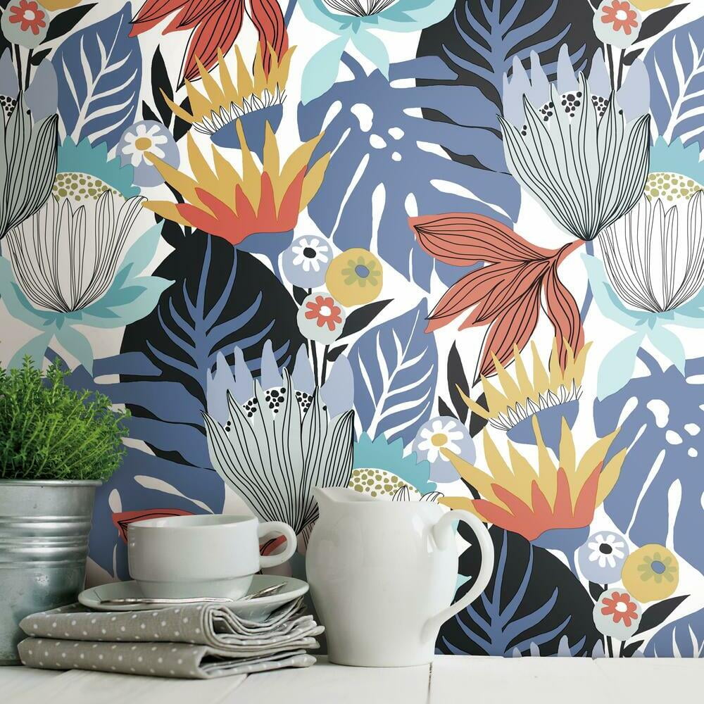 RoomMates Retro Tropical Leaves Peel and Stick Wallpaper (Pink, 20.5 in x 16.5 ft) jncuq