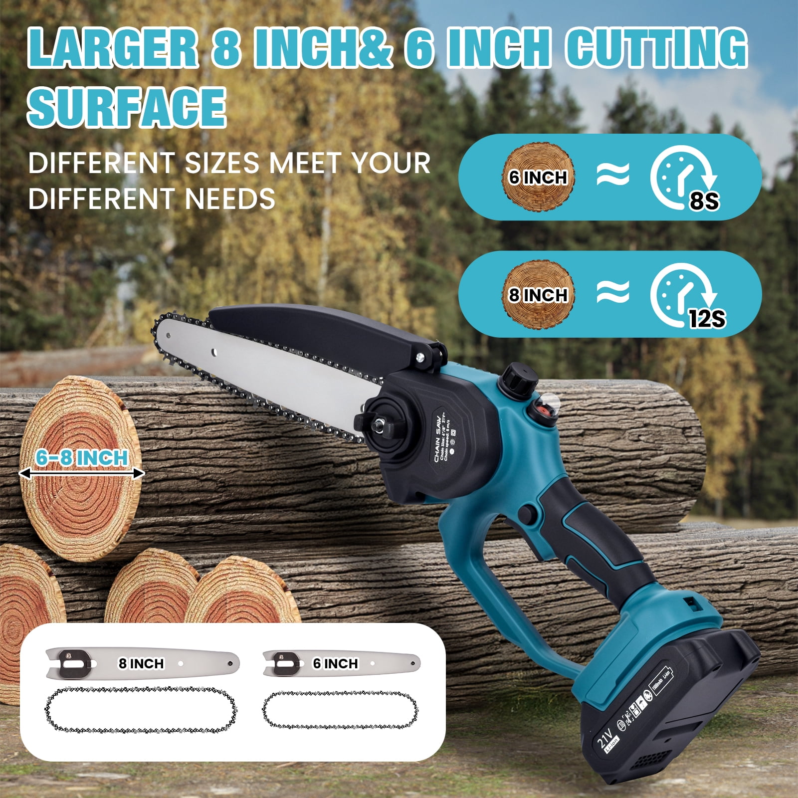 ADVWIN 2-in-1 Cordless Electric Pole Saw and Mini Chainsaw, Telescopic Tree Trimmer with 2 Batteries (Blue, 6 in and 8 in) emgzf