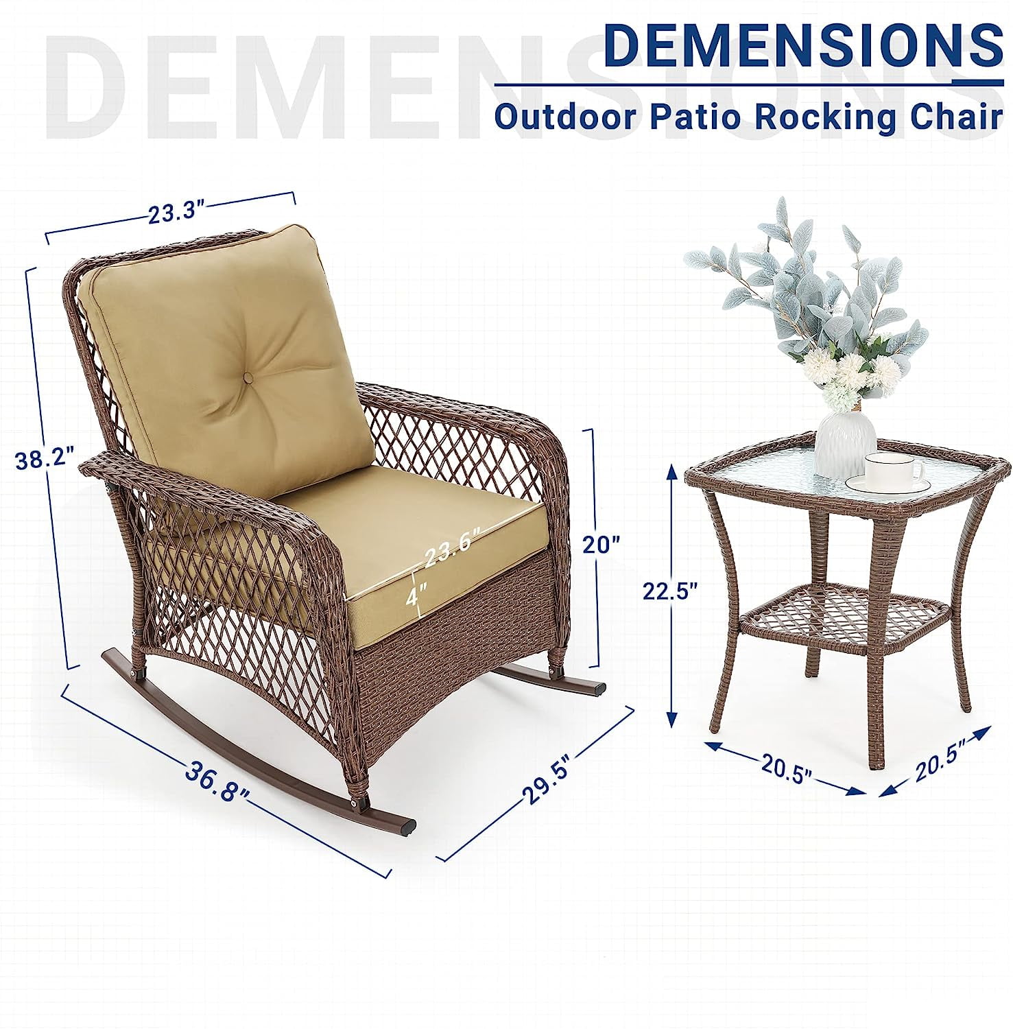 TECHMILLY 3-Piece Outdoor Rocking Chair Set, Wicker Patio Furniture with Cushions and Side Table (Beige, 37 in x 30 in x 38 in) 101ny
