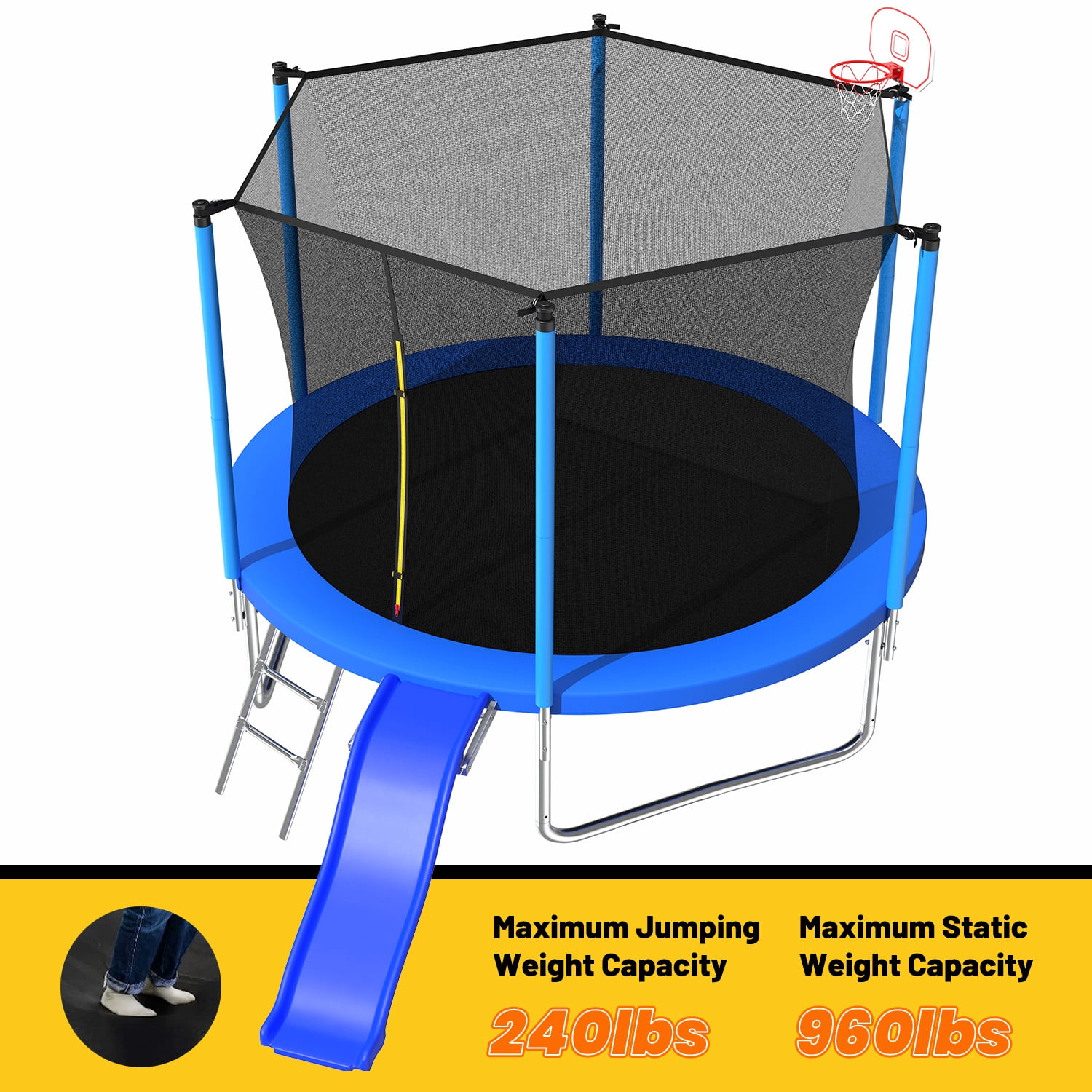 Mersco 10 ft Heavy Duty Outdoor Trampoline with Enclosure Net, Slide, and Basketball Hoop (Blue, 10 ft) 7vhxm