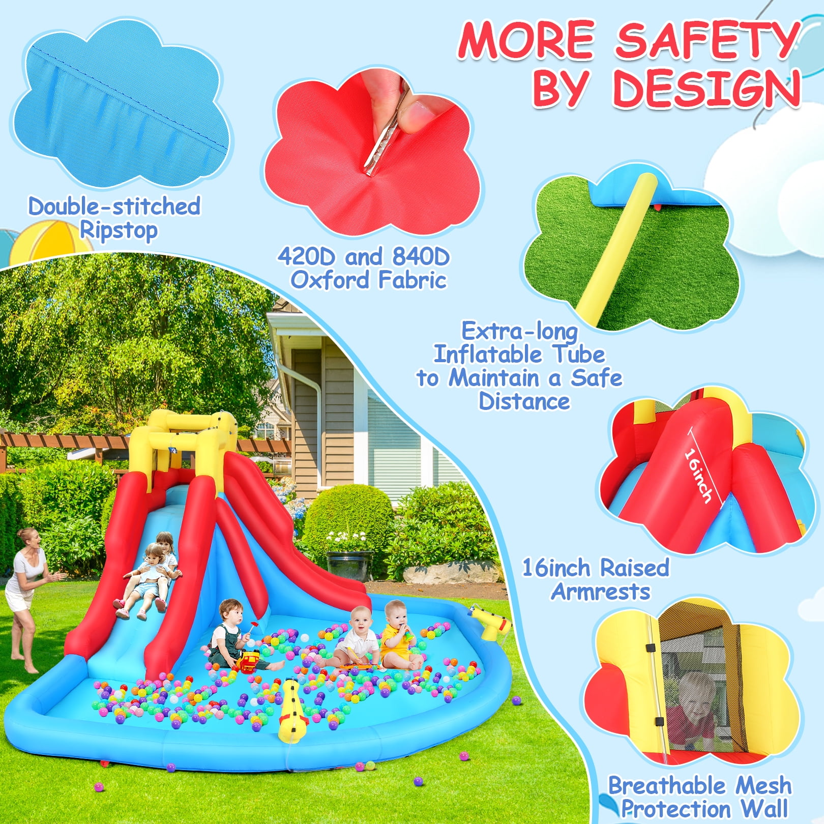 Veeboto Inflatable Water Slide Park with 440W Blower, Climbing Wall, Double Slides, and Splash Pool (Multicolor, 174 in x 152 in x 90 in) eocpf