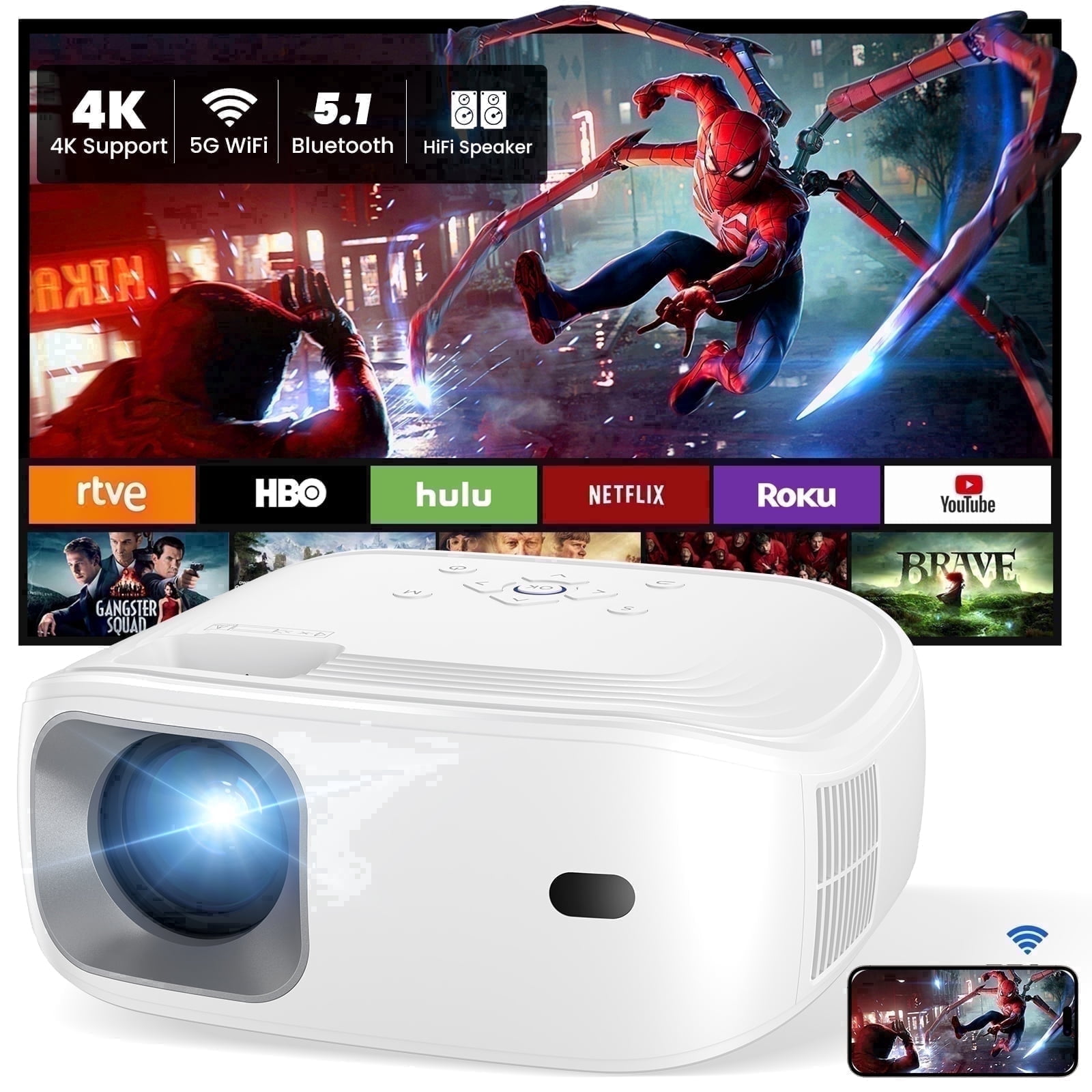 AUOSHI Native 1080P Portable Projector with WiFi and Bluetooth (White, 200 in) pdyl3