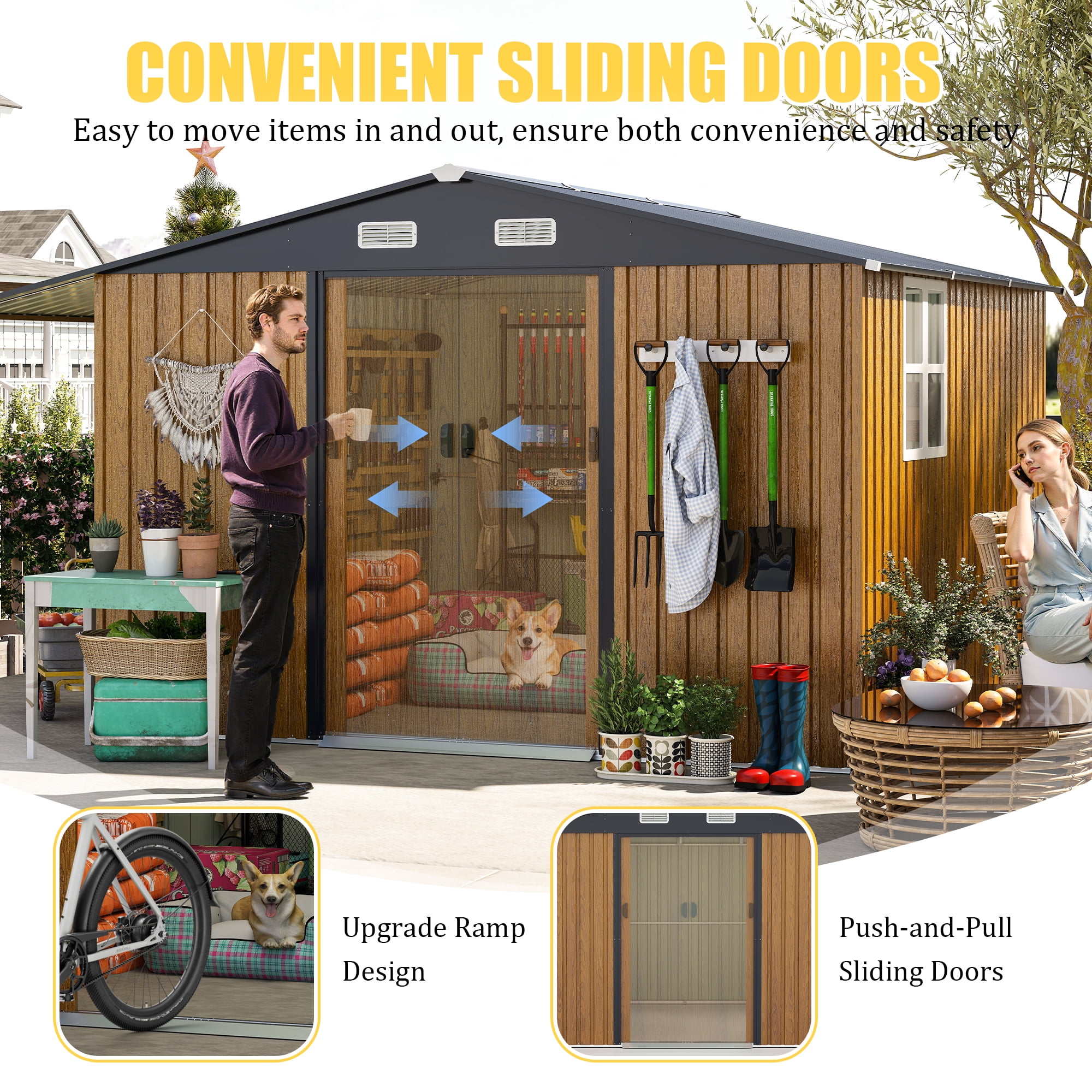 FFZ Outdoor Storage Shed with Firewood Bay and Lockable Doors (Yellow, 10 ft x 12 ft) s7b61
