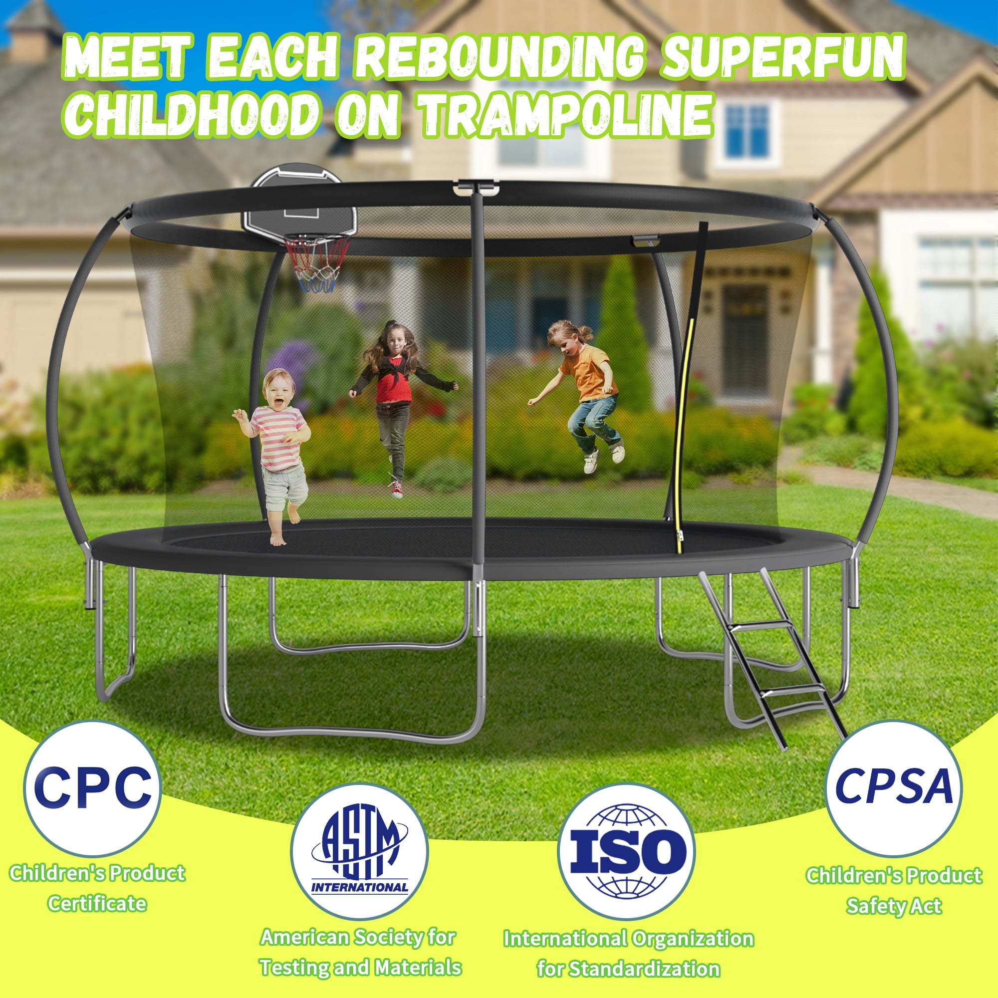 Shengchao Trade 14ft Trampoline with Safety Enclosure Net and Basketball Hoop (Black, 14 ft) akja5