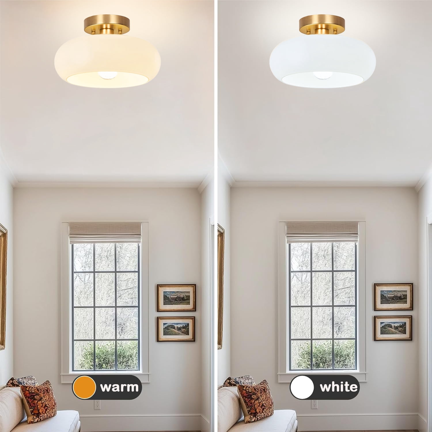 Jolydoly Mid-Century Modern Semi Flush Mount Ceiling Light, Gold Fixture with White Milk Glass Shade (11 in) mpivc