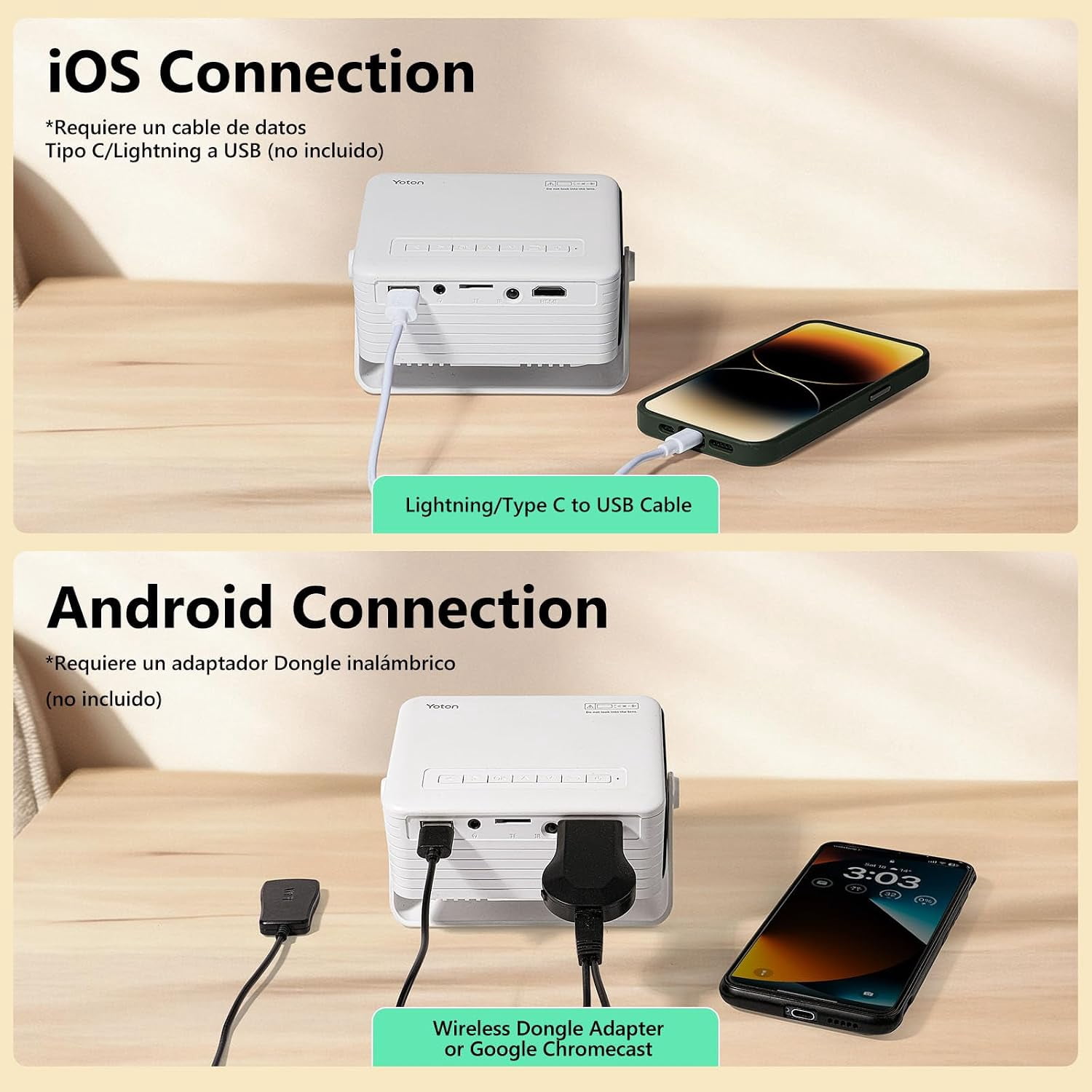 CocoBear Mini Projector, Native 720P Portable Movie Projector with 360° Rotating Stand, Auto Keystone & Zoom, Compatible with iOS Android HDMI USB (White) cyzdq