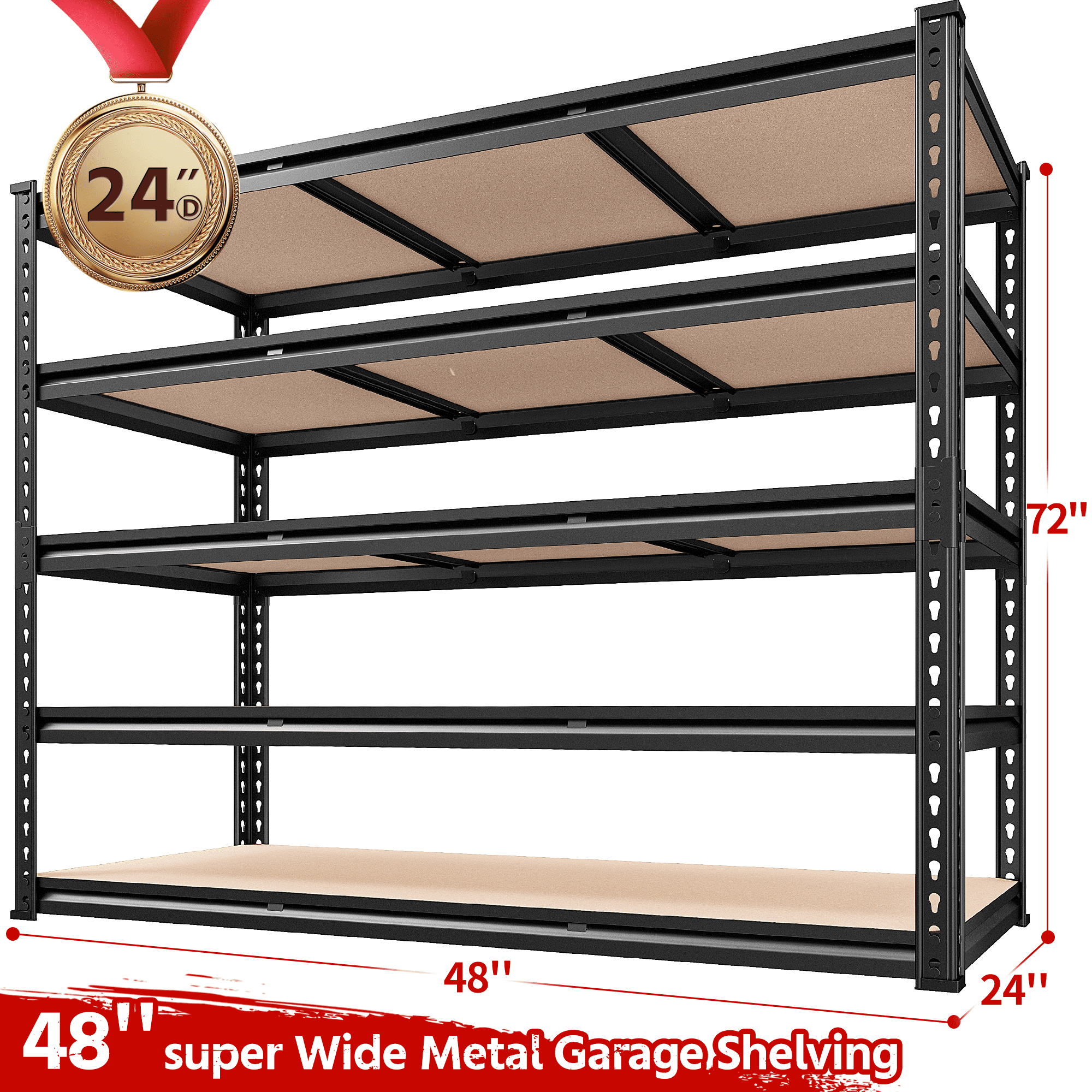 REIBII Heavy Duty Garage Storage Shelving Unit, Adjustable 5-Tier Industrial Metal Rack (Black, 48 in W x 24 in D x 72 in H) jfz5i
