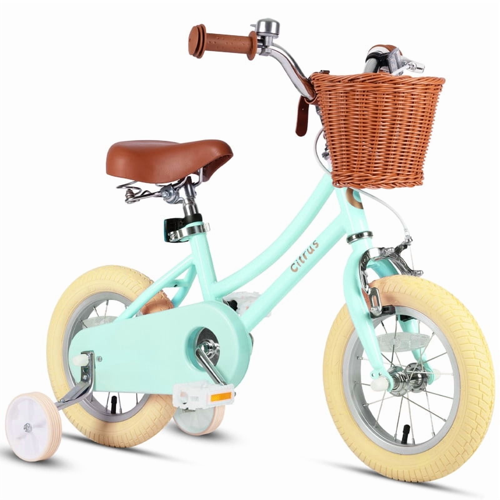 Vollsch Kids Retro Vintage Style Bicycle with Basket and Training Wheels (Mint Green, 12 in) zeop1