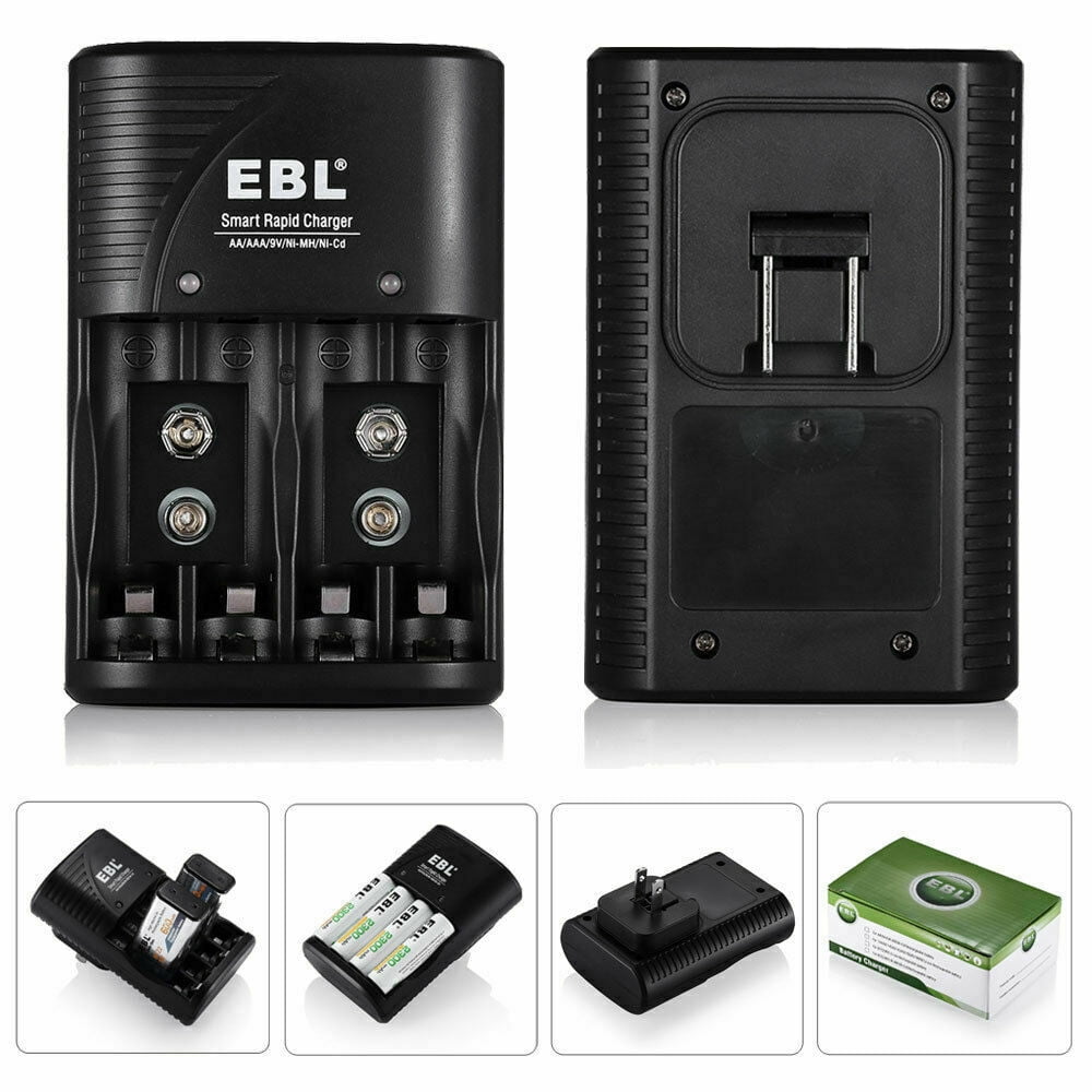 EBL Smart Battery Charger for AA AAA 9V NiMH NiCD Rechargeable Batteries (Black, 4-Slot) bvngx