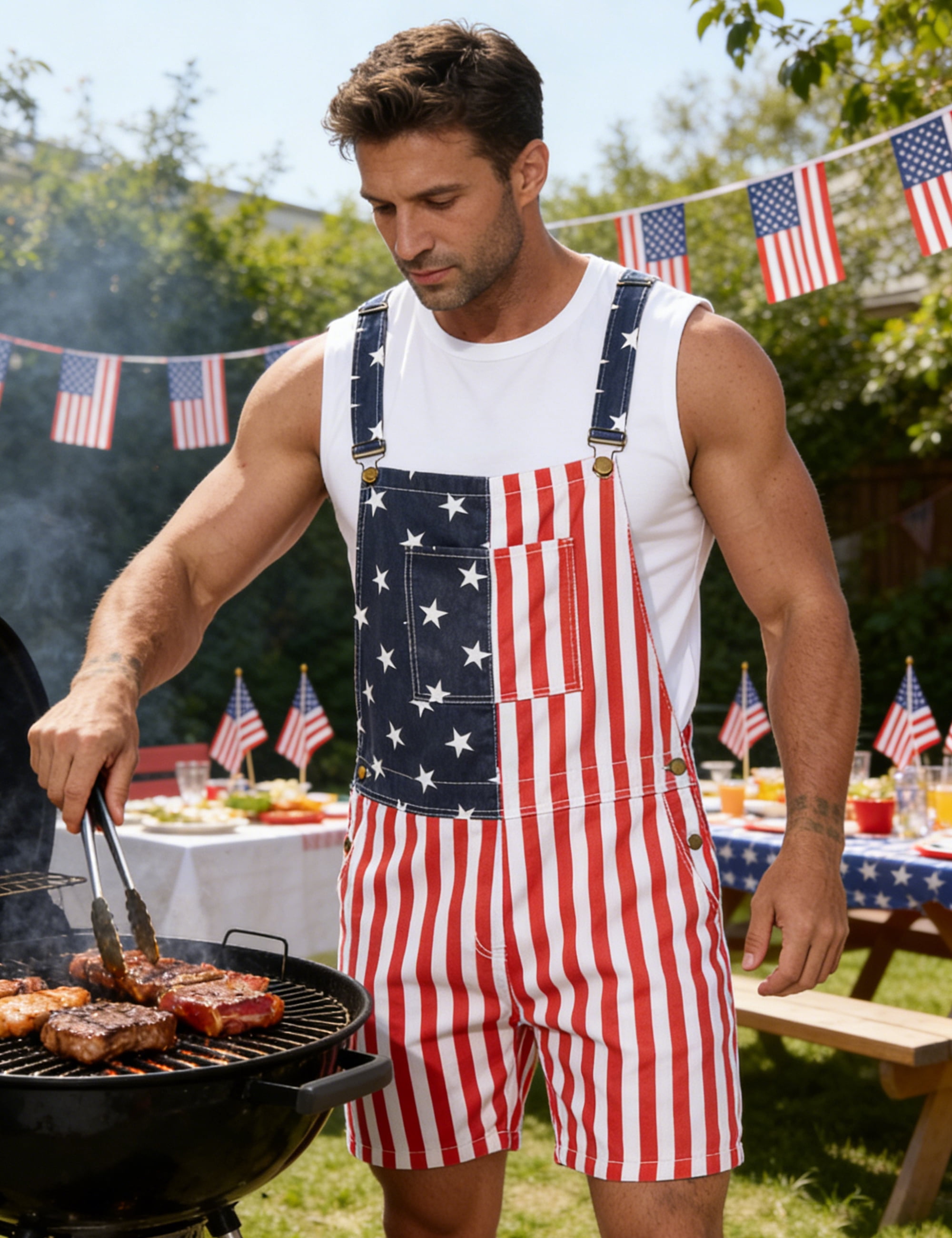 Yuanbang American Flag Denim Bib Overalls Shorts Patriotic Jumpsuit Romper for Men (Red White Blue, XL) gwvmk