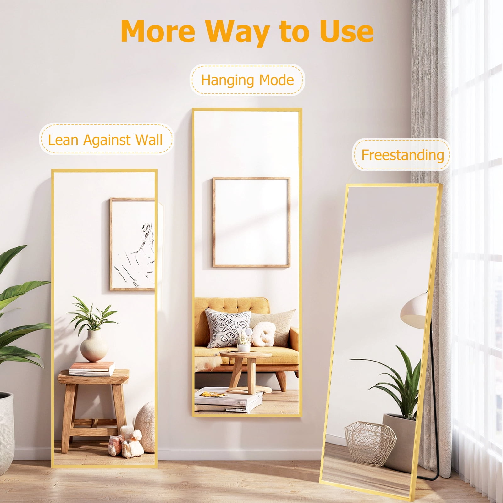 Blorly Full Length Mirror, Arched-Top Floor Mirror with Stand, Freestanding or Wall Mounted Full Body Mirror (Gold, 59 in x 16 in) zqz2q