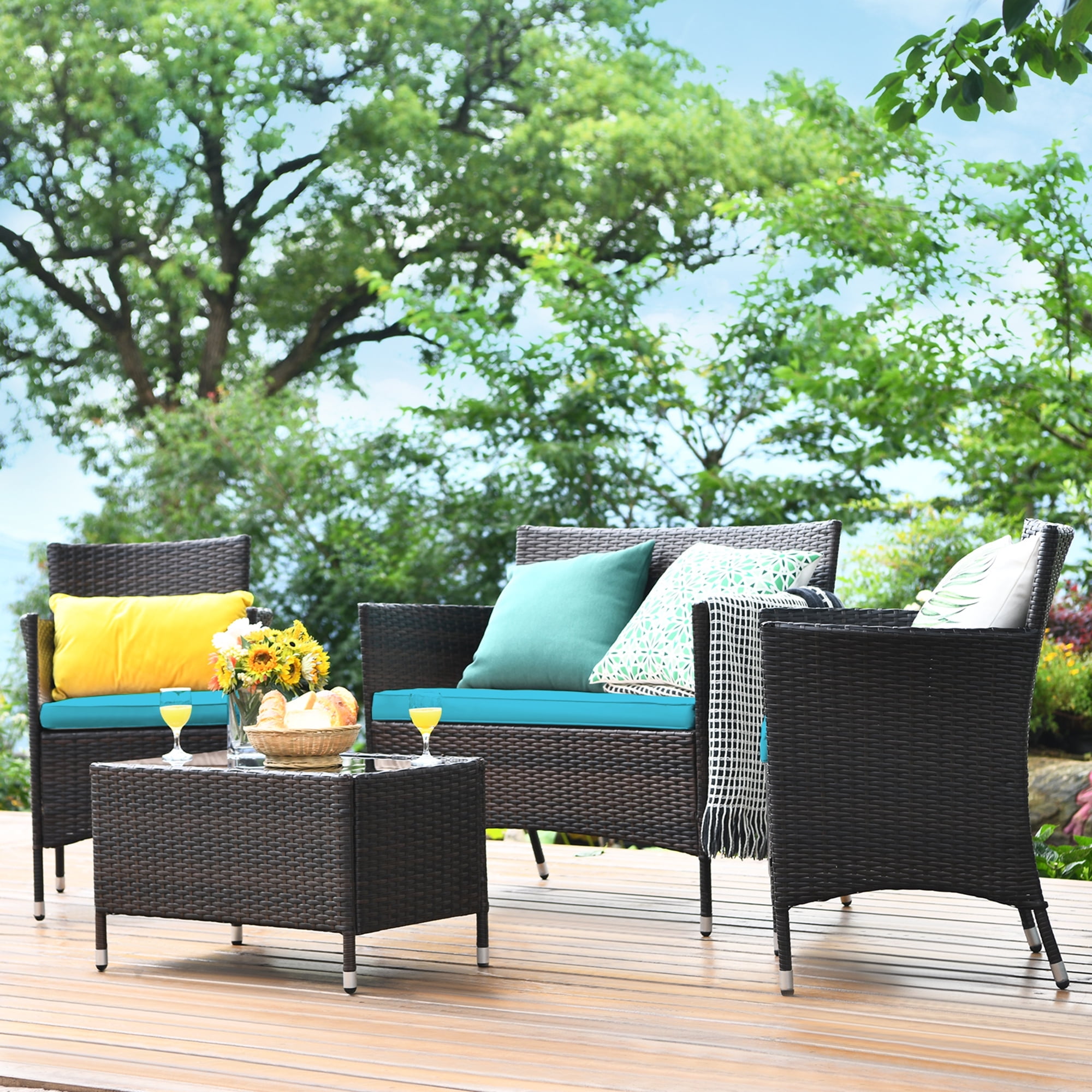 Gymax 4-Piece Patio Rattan Conversation Furniture Set with Turquoise Cushions (Outdoor/Indoor) 572c2