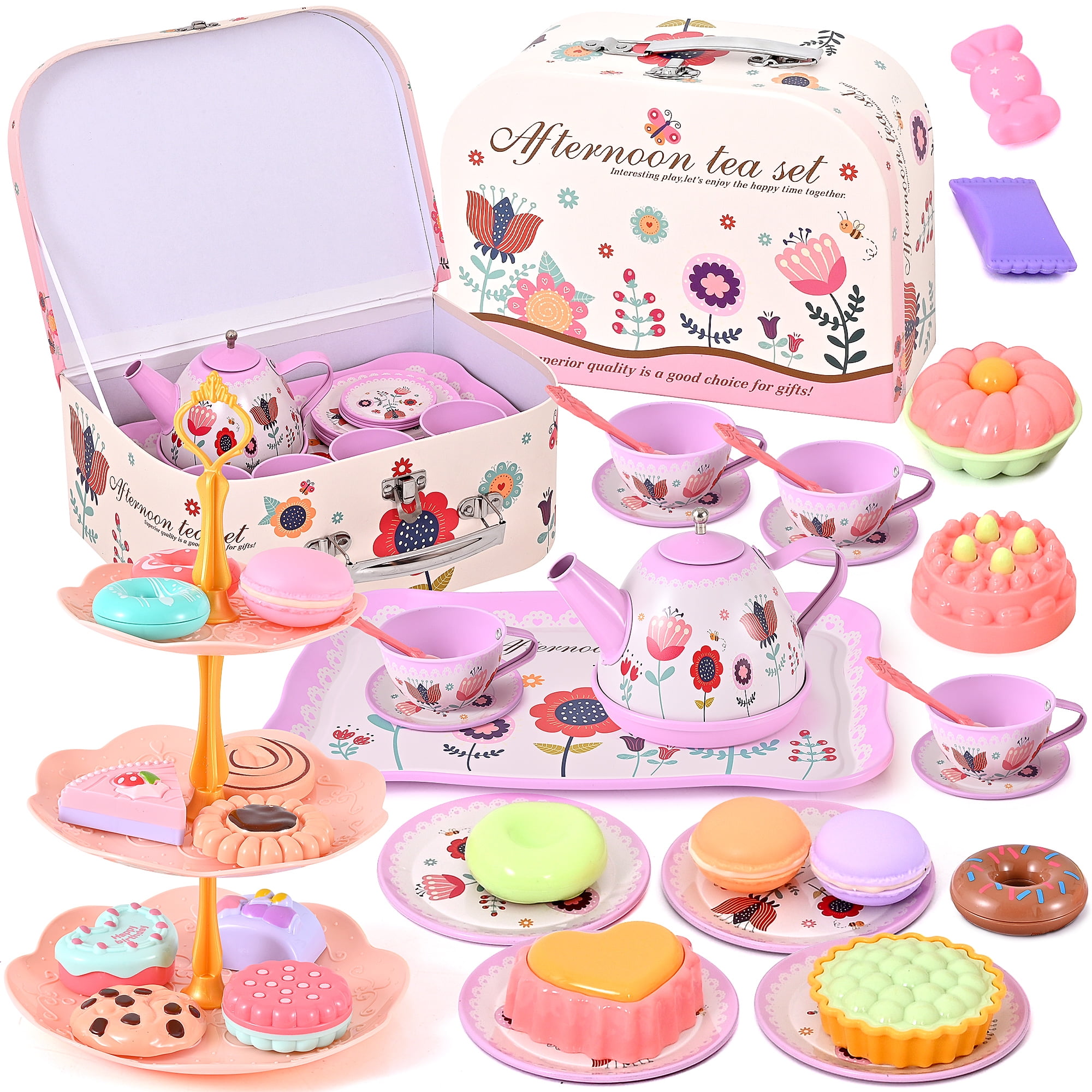 TOPFOX 45-Piece Princess Tea Party Set, Pretend Play Kitchen Toy with Tin Teapot, Cups, Plates, and Carrying Case (Pink, 45-Piece Set) e9om7