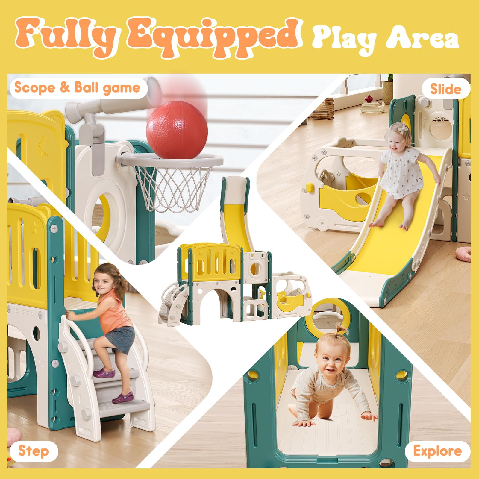 JIAOQIU Bus Themed Toddler Slide Playset with Climber and Basketball Hoop (Green) 63fi7