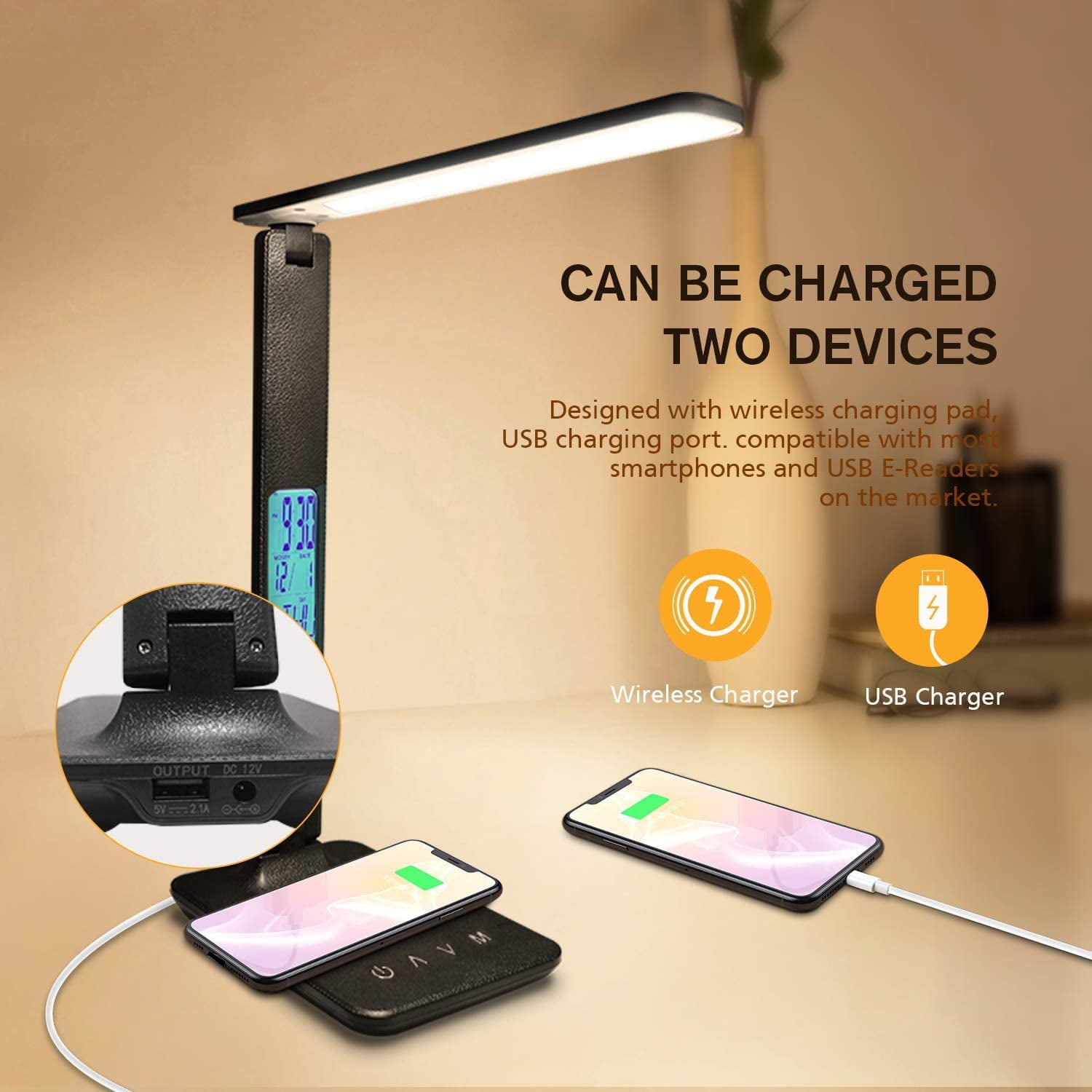 Lococo LED Desk Lamp with Wireless Charger and USB Port, Foldable Office Light with Clock and Alarm (Black, 1 Pack) bxw6e