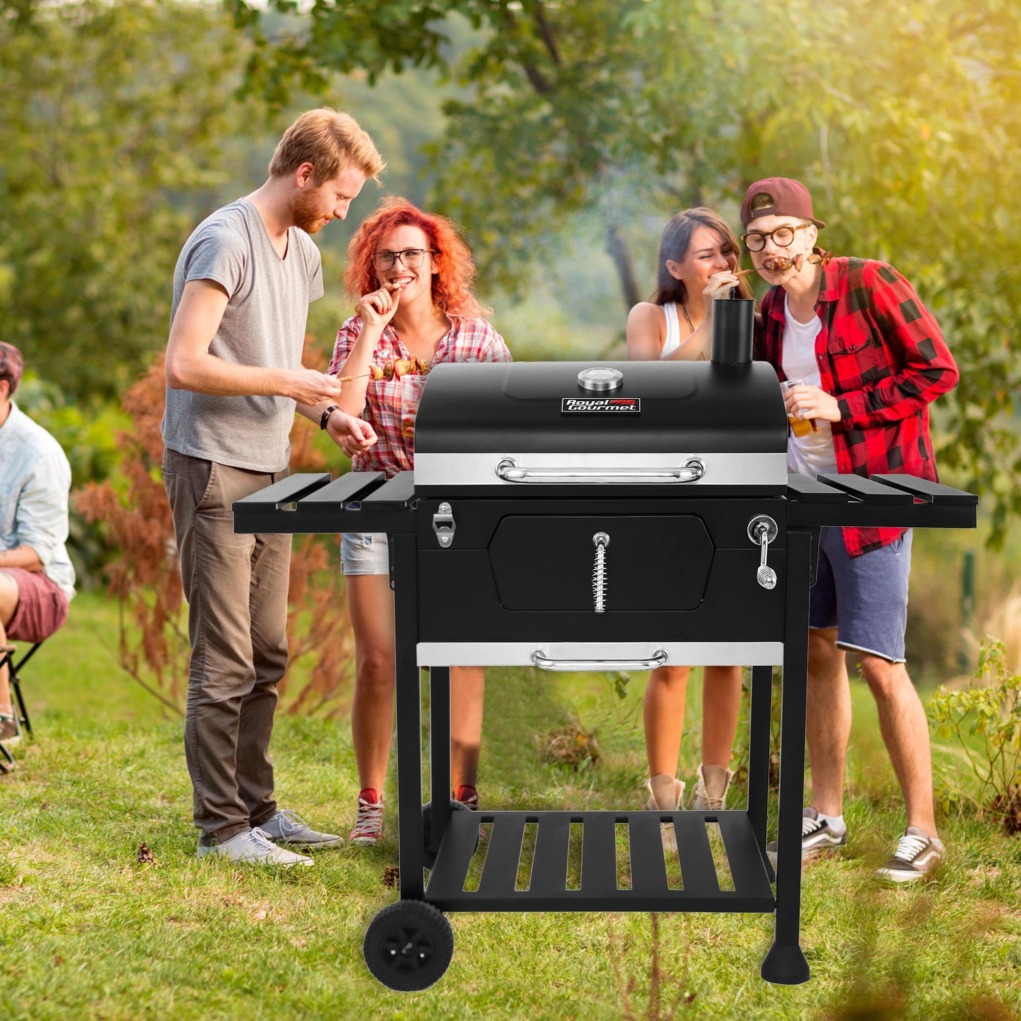 Royal Gourmet CD1824EN Charcoal BBQ Grill with Adjustable Charcoal Pan and Side Tables (Black, 474 sq in) e9i79
