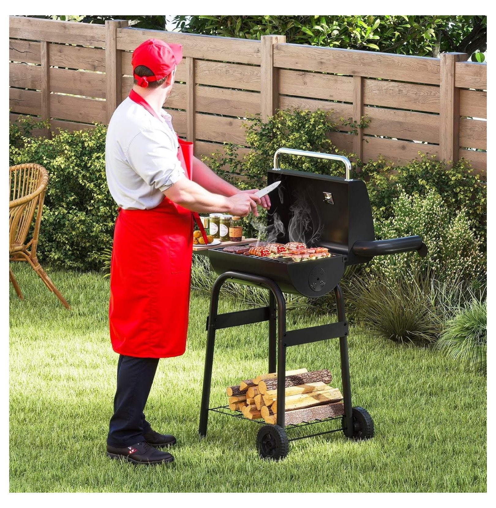 SHUZHIWANSHANG Charcoal Grill, Outdoor BBQ Smoker with Foldable Side Table and Wheels (198 sq in) e2x14