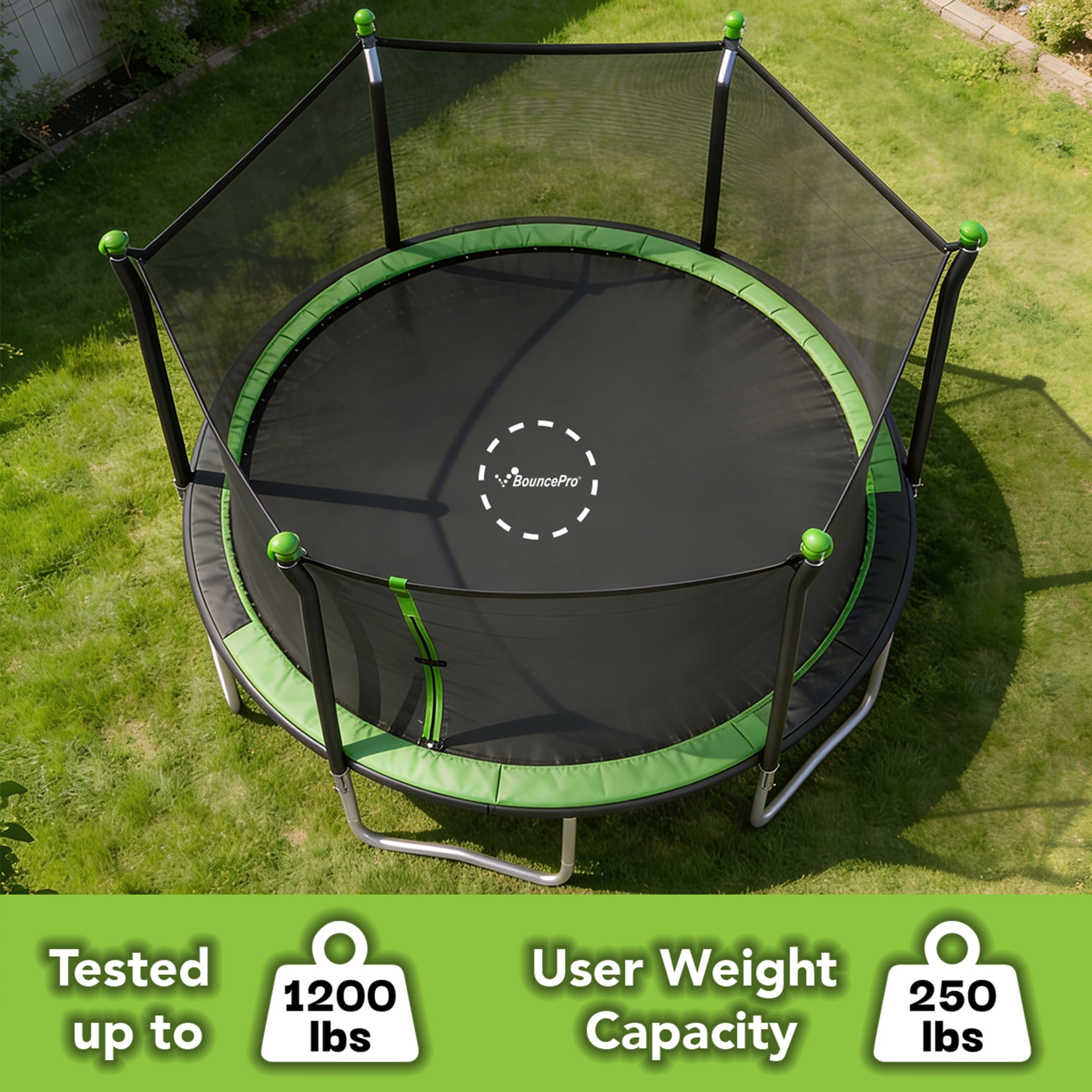 Bounce Pro 10ft Trampoline with Safety Enclosure and LED Flashing Undermat Light (Green, 10 ft) kyllh