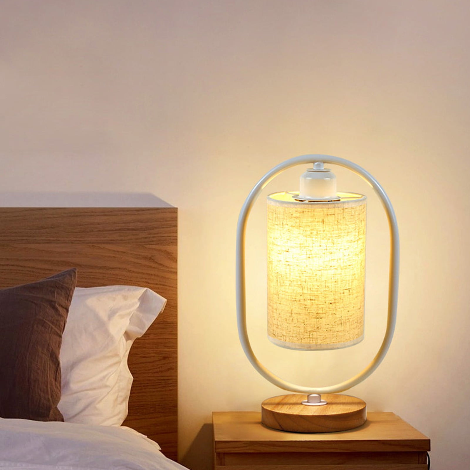 100Fens Table Lamp 3-Way Dimmable Nightstand Light with Flaxen Fabric Shade and Solid Wood Base (LED Bulb Included) no6c7