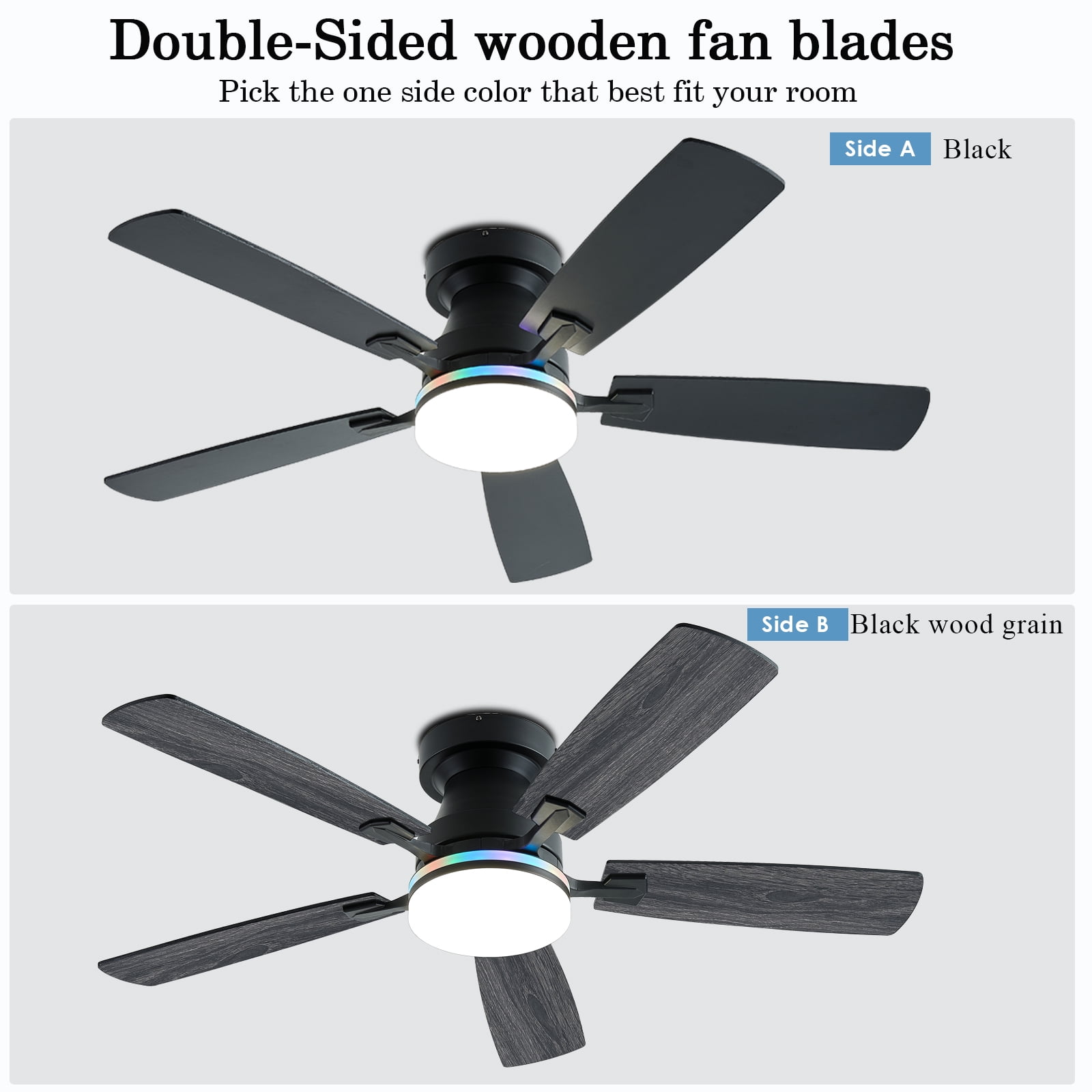 JSAITEE 48 in Low Profile Ceiling Fan with Light and Remote Control (Black, 48 in) 79ydt