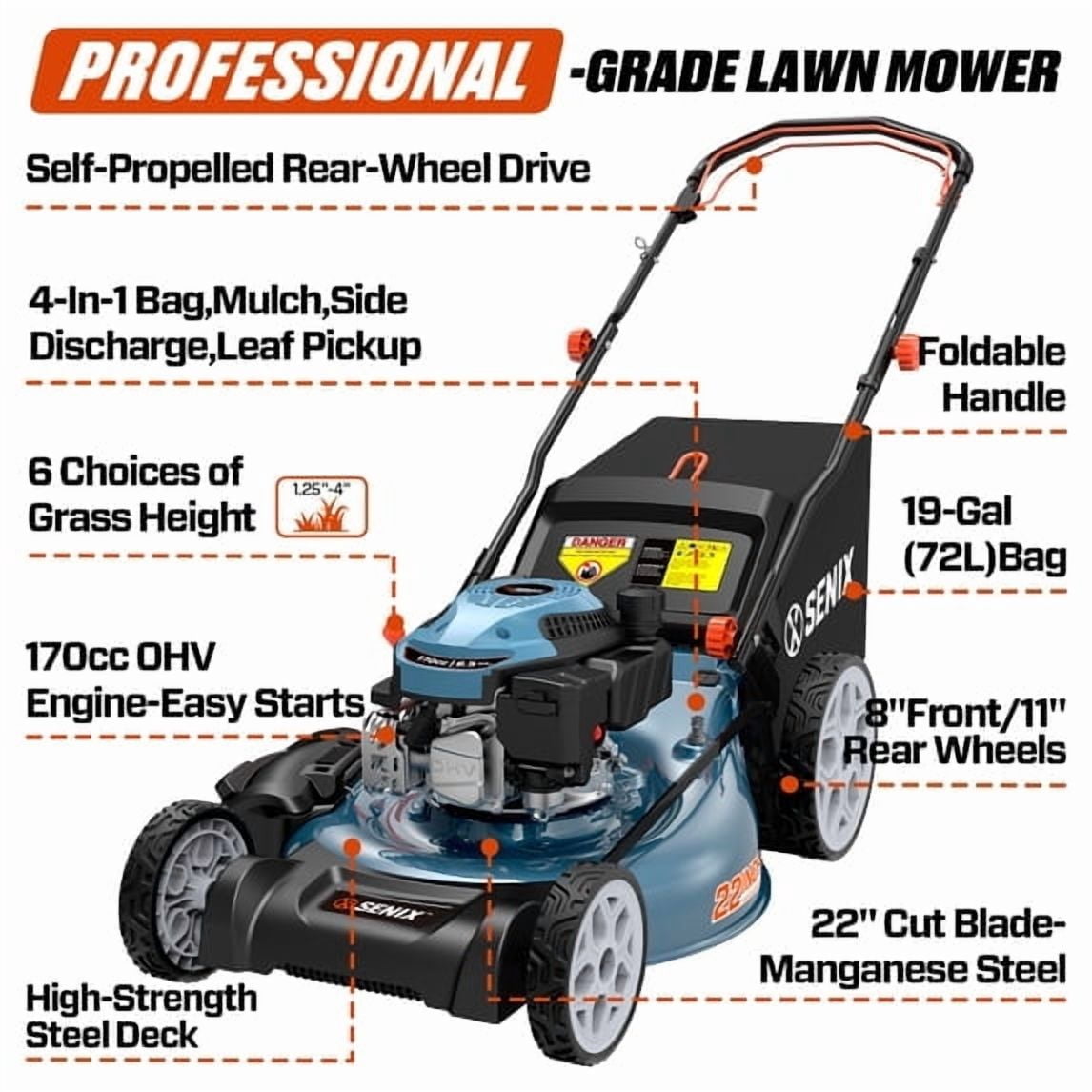 Senix 3-Tool Lawn Care Combo Kit (22 in Self-Propelled Gas Mower, Cordless Leaf Blower, String Trimmer, Blue) wgt7u