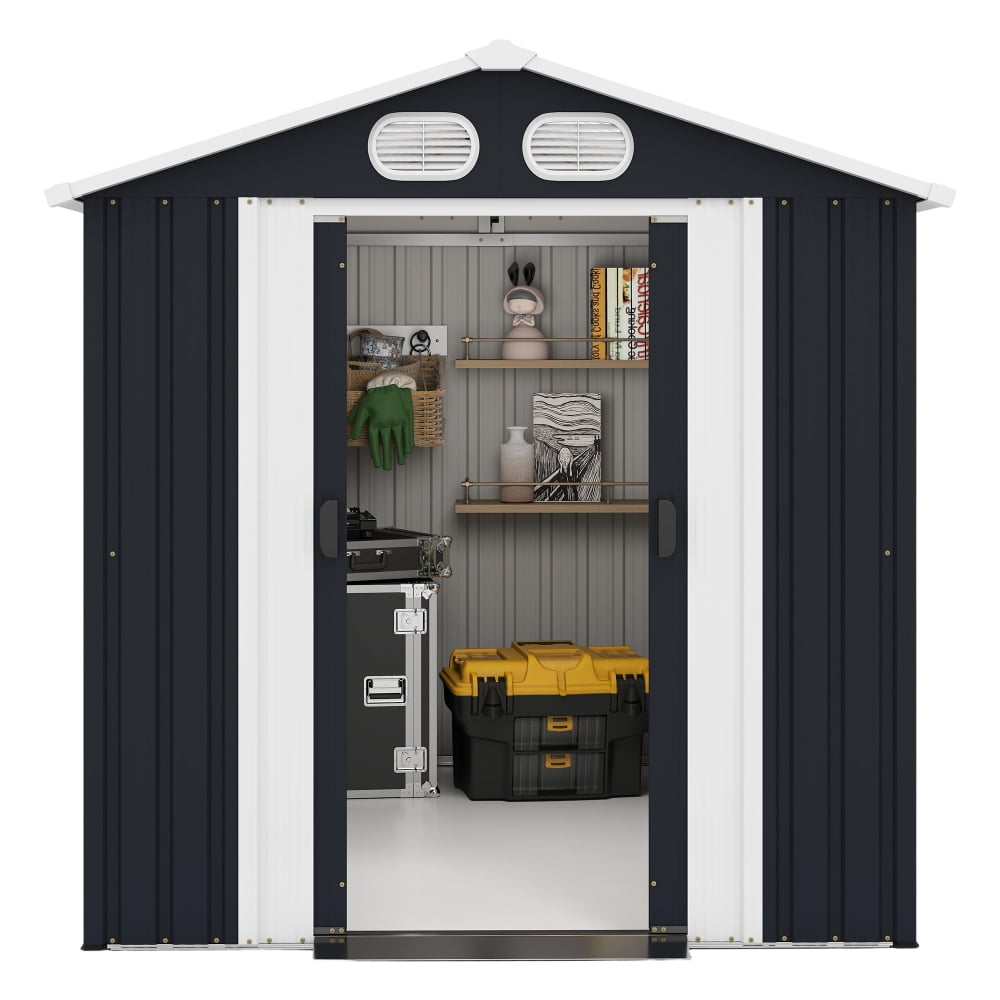 Generic Metal Storage Shed Outdoor Garden Tool House with Lockable Doors and Air Vents (Grey, 8x6 ft) nbo5r