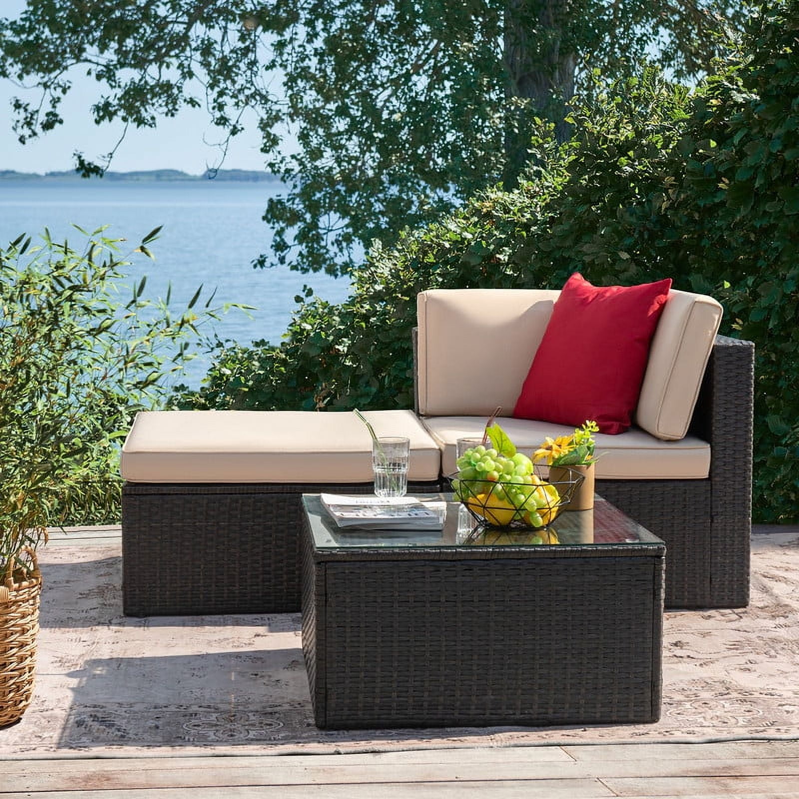 Devoko Outdoor Sectional Sofa PE Rattan Patio Furniture Set with Cushions and Table (Beige) wqmo3