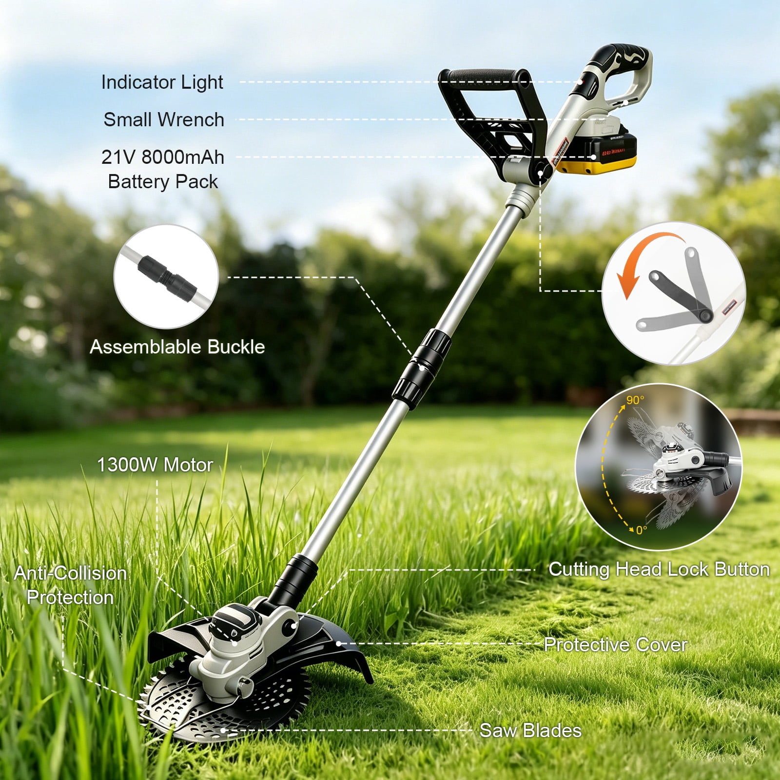CATGOOD 13 in Cordless String Trimmer, 1300W Electric Weed Eater with 8Ah 24V Battery, 4-in-1 Brushless Lawn Edger (White, 13 in) e1evw