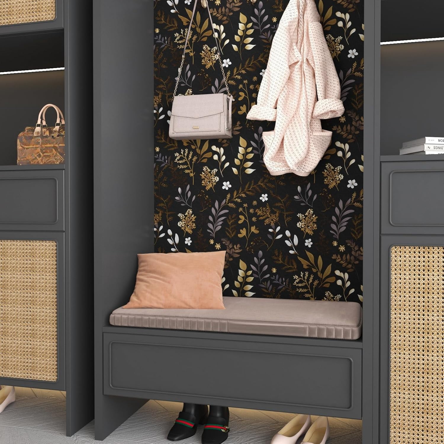 Usachibb Vintage Floral Peel and Stick Wallpaper Boho Contact Paper for Furniture and Home Decor (Black, 17.5 in x 78.5 in) cnf5i
