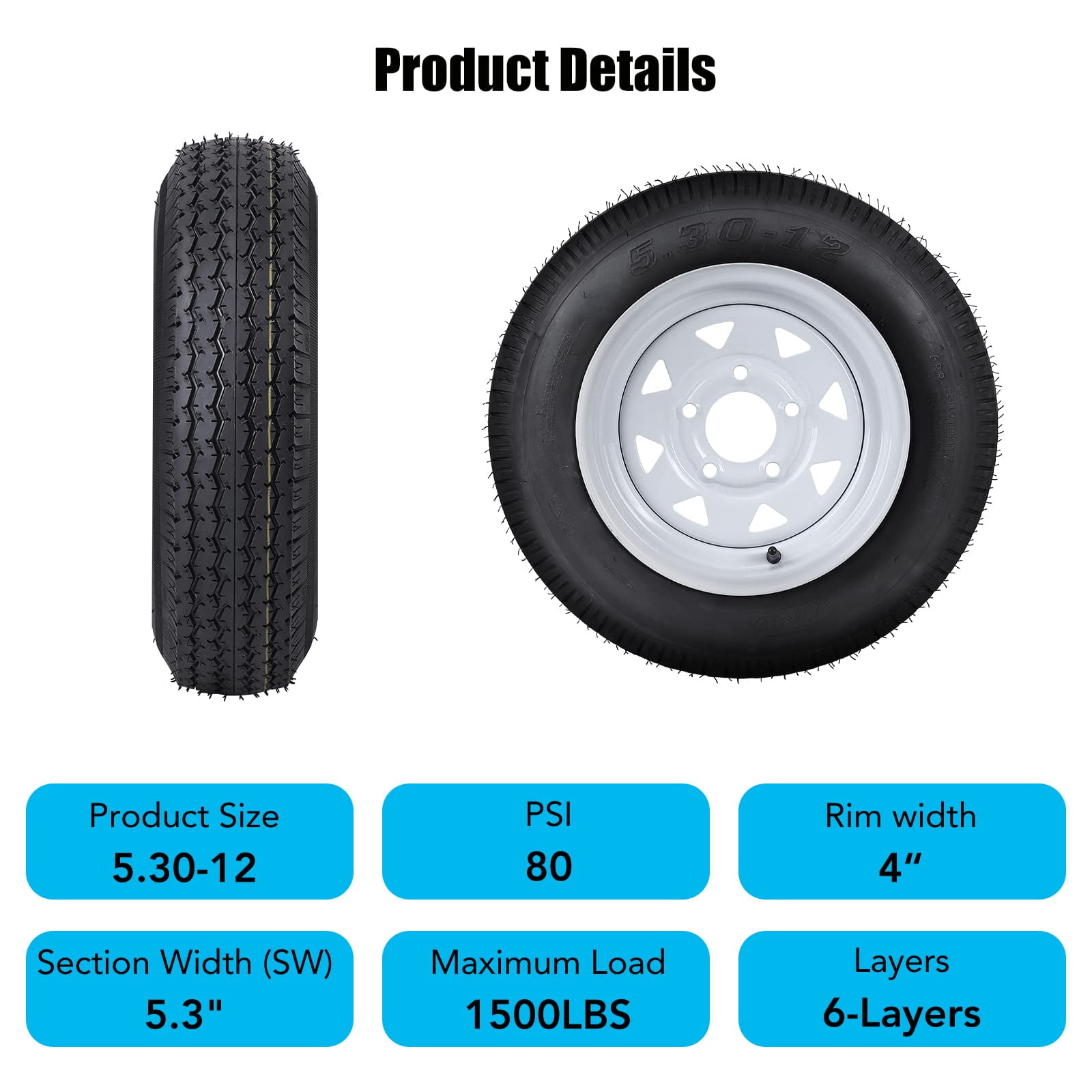 GARVEE 4.80-12 Trailer Tires with 12 in Rims (Set of 2, 5 Lug on 4.5 in, Load Range C, 6PR) qyz6e
