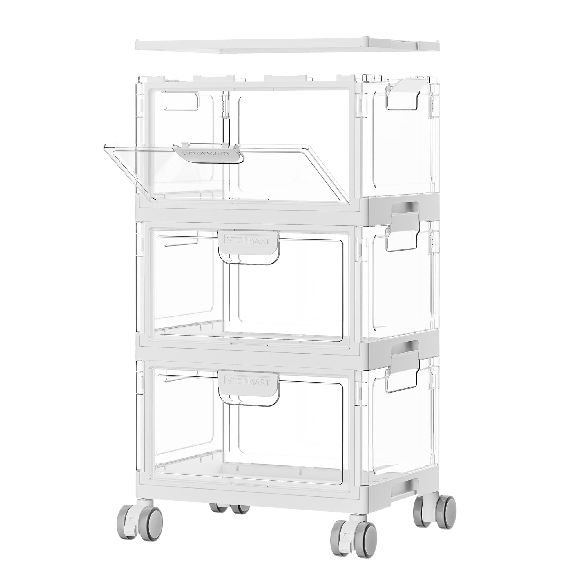 Sindcom 3-Layer Stackable Storage Bins, Foldable Large Organizer with Lids and Wheels (White, 72 qt) 51ap9