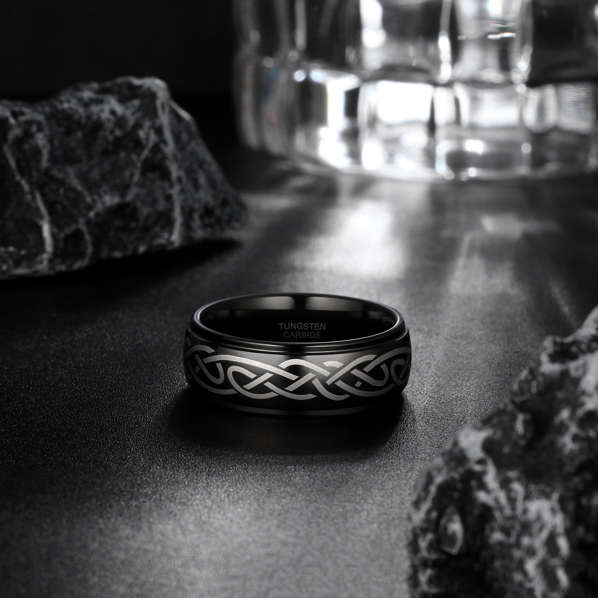 Jewmon Tungsten Carbide Ring for Men Celtic Knot Pattern Comfort Fit Wedding Band (Black, 8mm) 93vhi