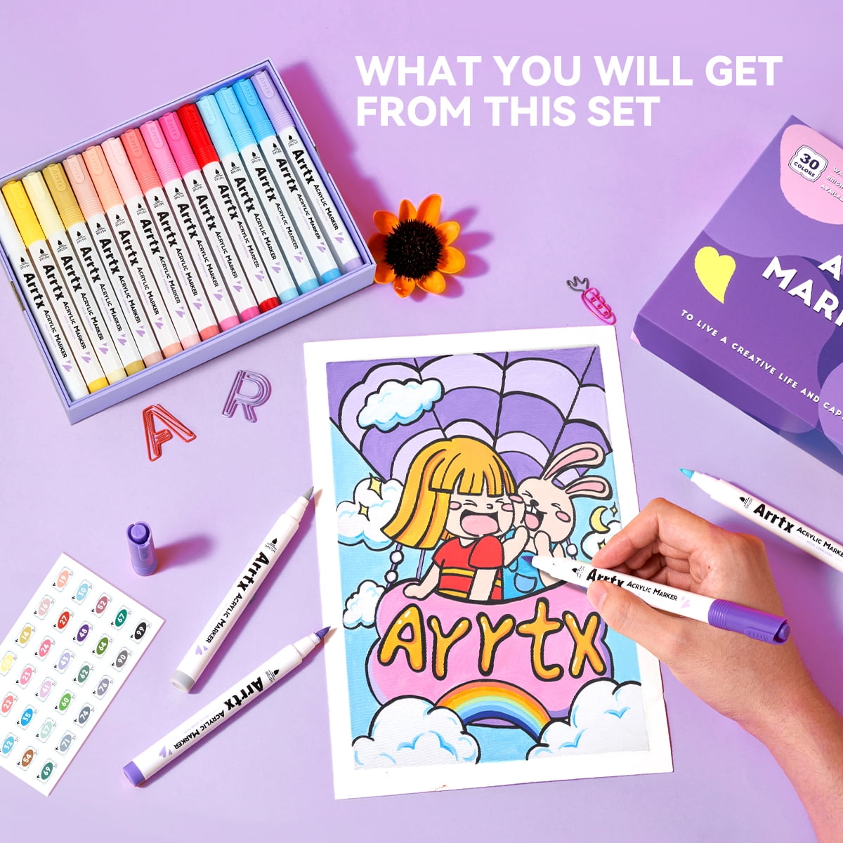 Arrtx Acrylic Paint Pens for Rock Painting, Water Based Markers with Brush Tip (30 Colors, 1 Pack) 2l54y